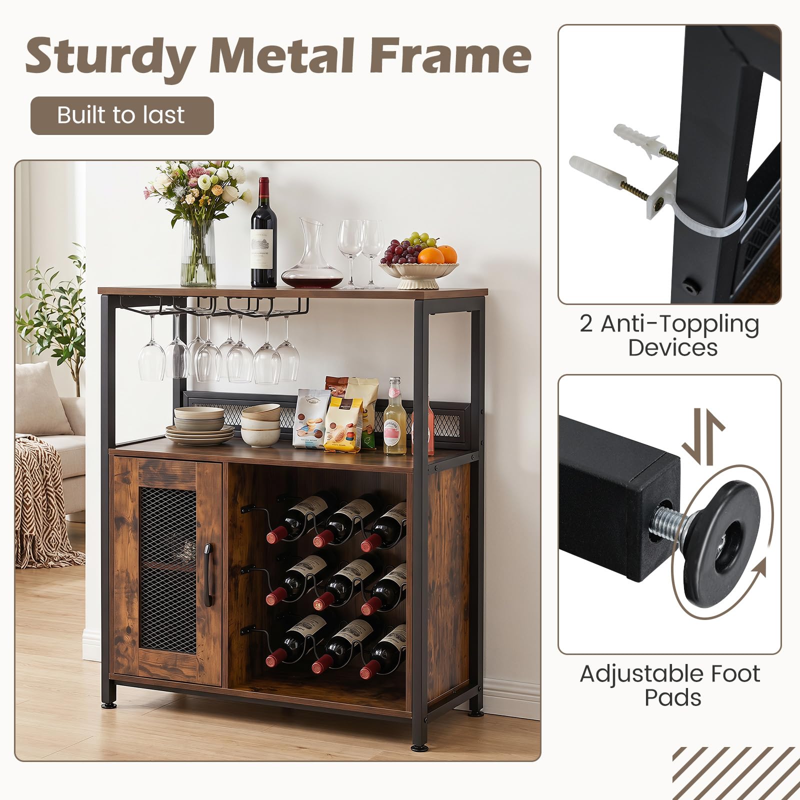 GIANTEX Armoire à Vin avec 3 Porte-Verres et Casiers à 9 Bouteilles, Meuble à Vin avec Kit Anti-Basculement, Organisateur Industrielle pour Salon, Salle à Manger, Cuisine, Bar, Marron Rustique
