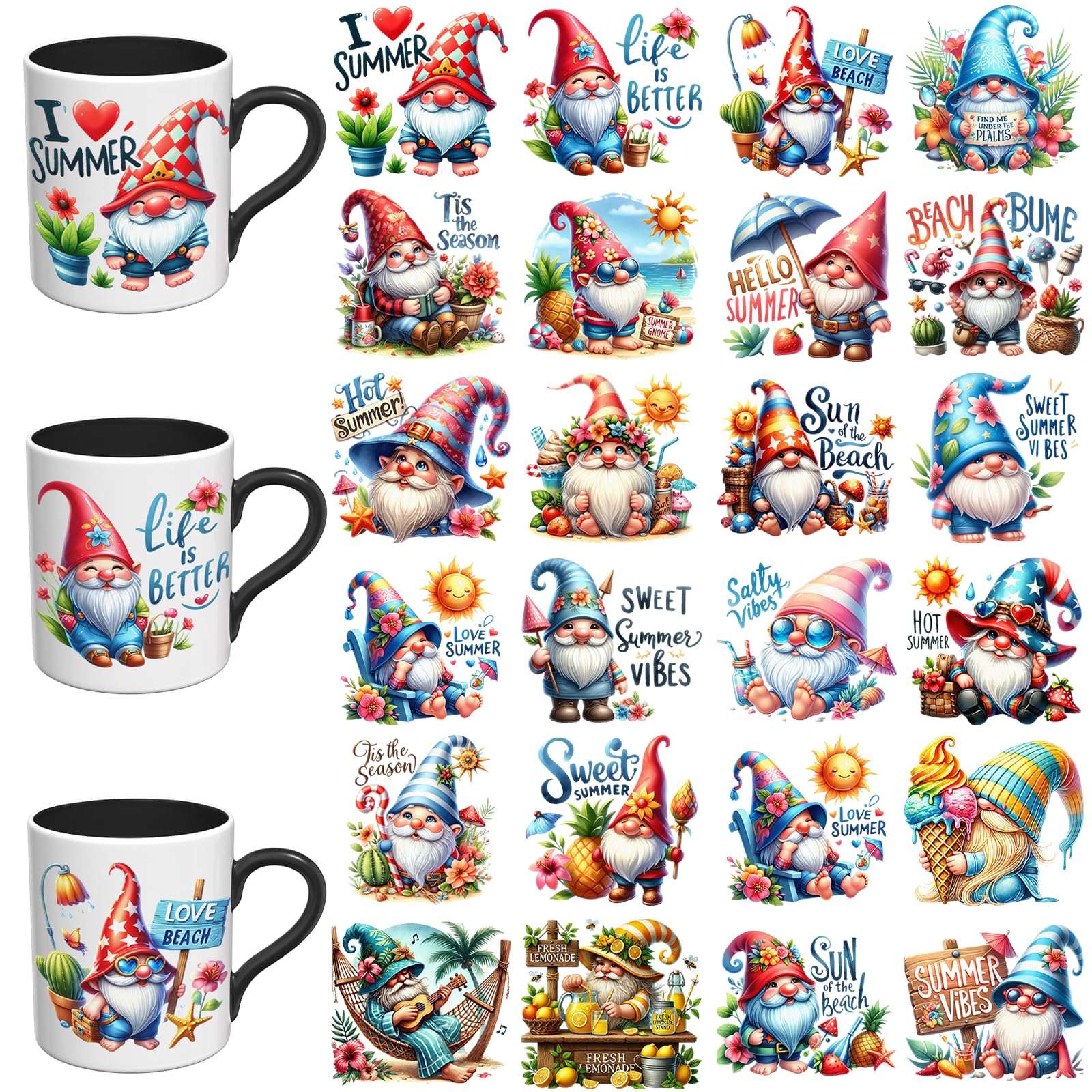 24 calcomanías UV DTF gnomos de verano, vinilos de transferencia directa para tazas y termos