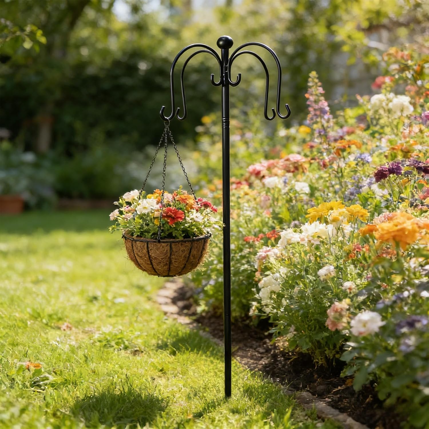 Metal Garden Shepherd Hook Stake, Heavy Duty Hanging Plants Bracket with 4 Hooks for Outdoor Fence Patio Yard, Weather Resistant Rust Free Flower Pot Lantern Wind Chime Holder, Black