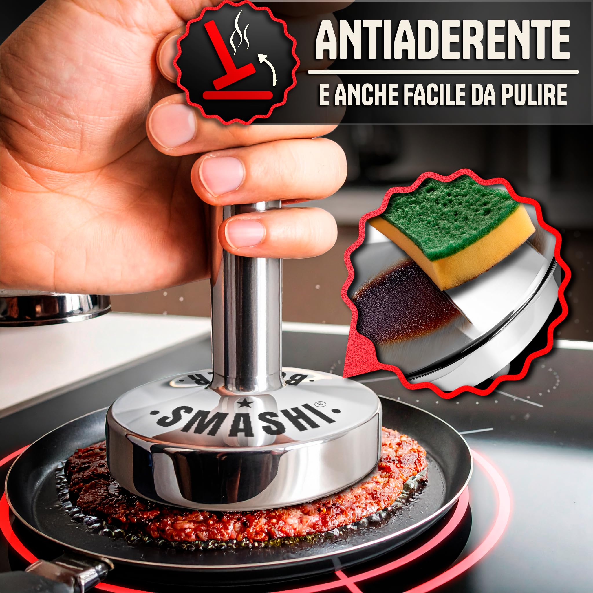 SMASHI® Pressa per Hamburger Pieghevole in Acciaio Inox 304 + 20 Fogli Antiaderenti – Smash Burger Kit Professionale – Pressa Manuale per Hamburger (Smash Burger Press Martello)