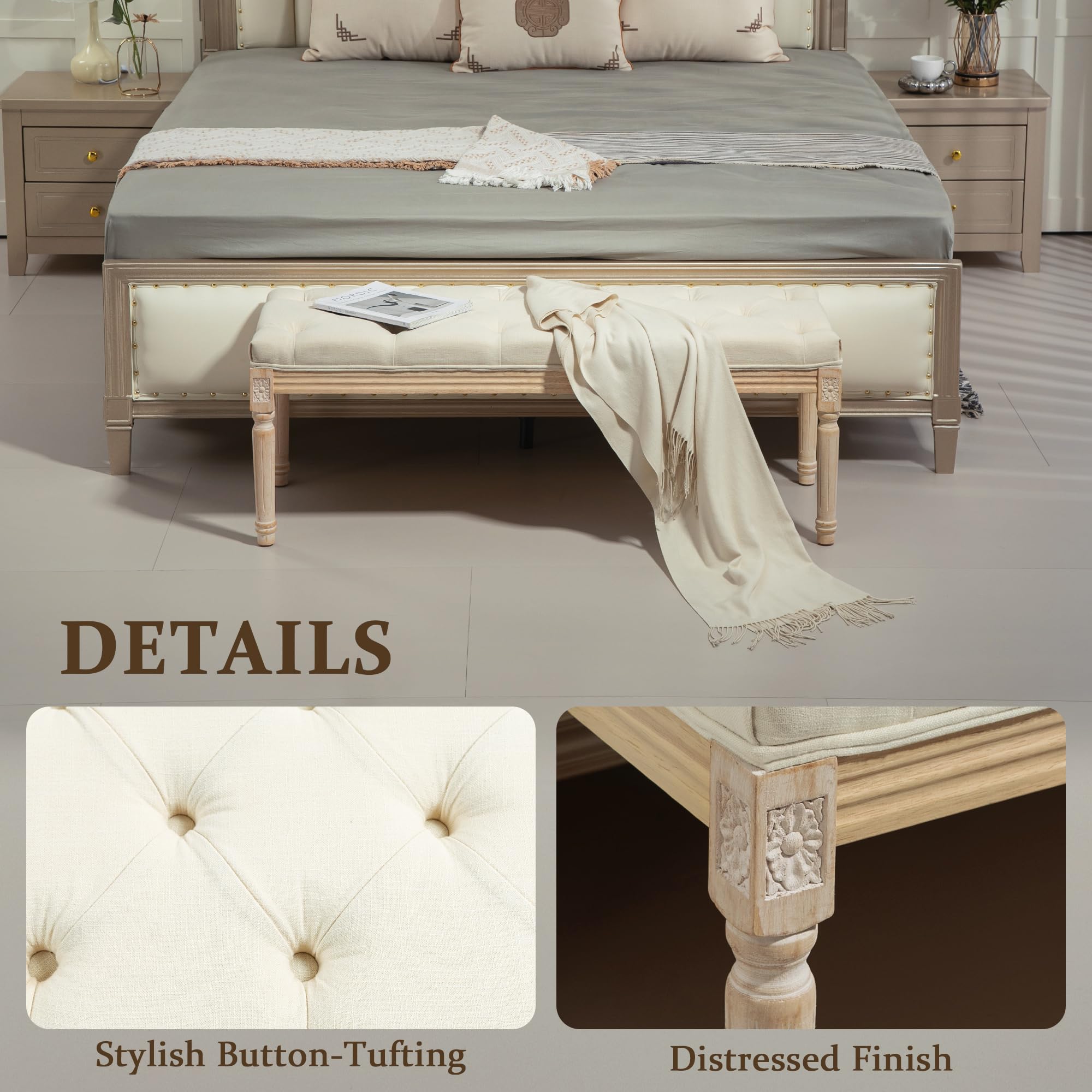 HOMCOM Banc de lit 115 cm, Banc touffeté pour Chambre à Coucher, Couloir, Salon, Blanc crème