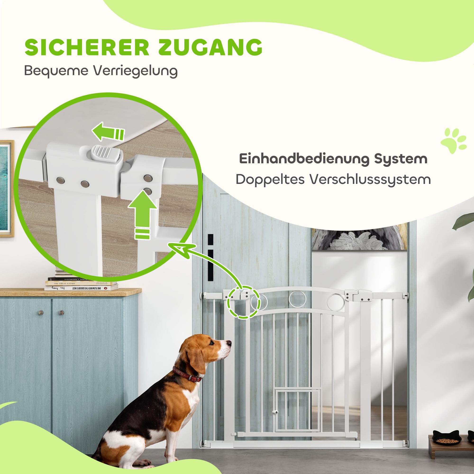 PawHut barierka ochronna do drzwi 77 cm, zabezpieczenie na schody, bramka bez wiercenia, zabezpieczenie na schody dla szerokości 76-104 cm, łatwe otwieranie jedną ręką, stal, biała