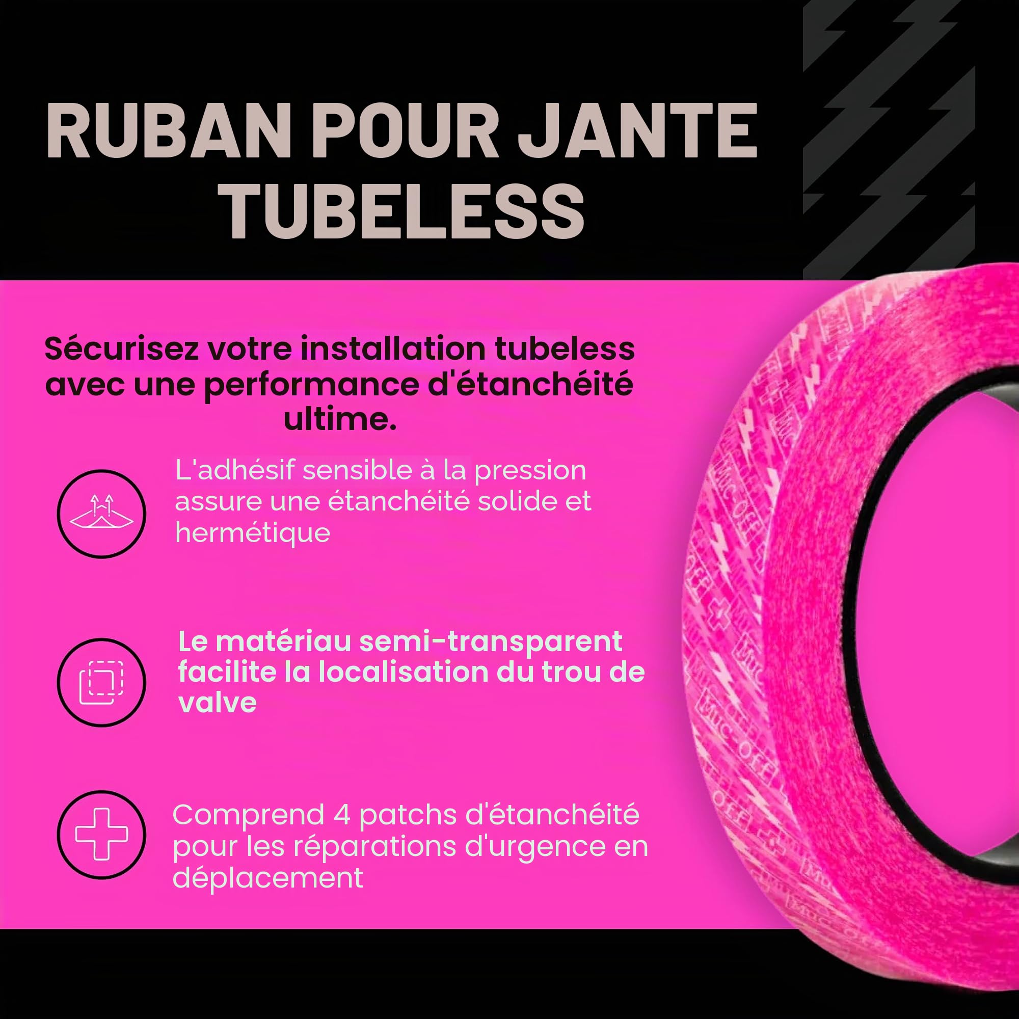 Muc-Off Fond de Jante Vélo Tubeless - 35 mm - Fond de Jante Adhésif Sensible à la Pression - Pour Installation de Pneus de Vélo Tubeless - Rouleau de 10 Mètres - 4 Patchs d'Étanchéité Inclus