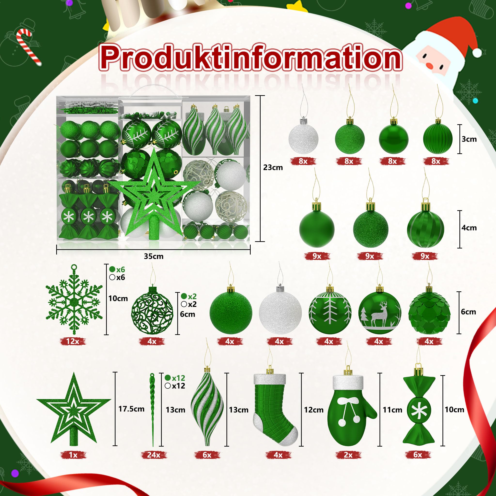 YUENFONG Set di 138 palline di Natale in plastica per albero di Natale, decorazioni natalizie opache e lucide con puntale a stella, palline decorative per albero di Natale, verde scuro