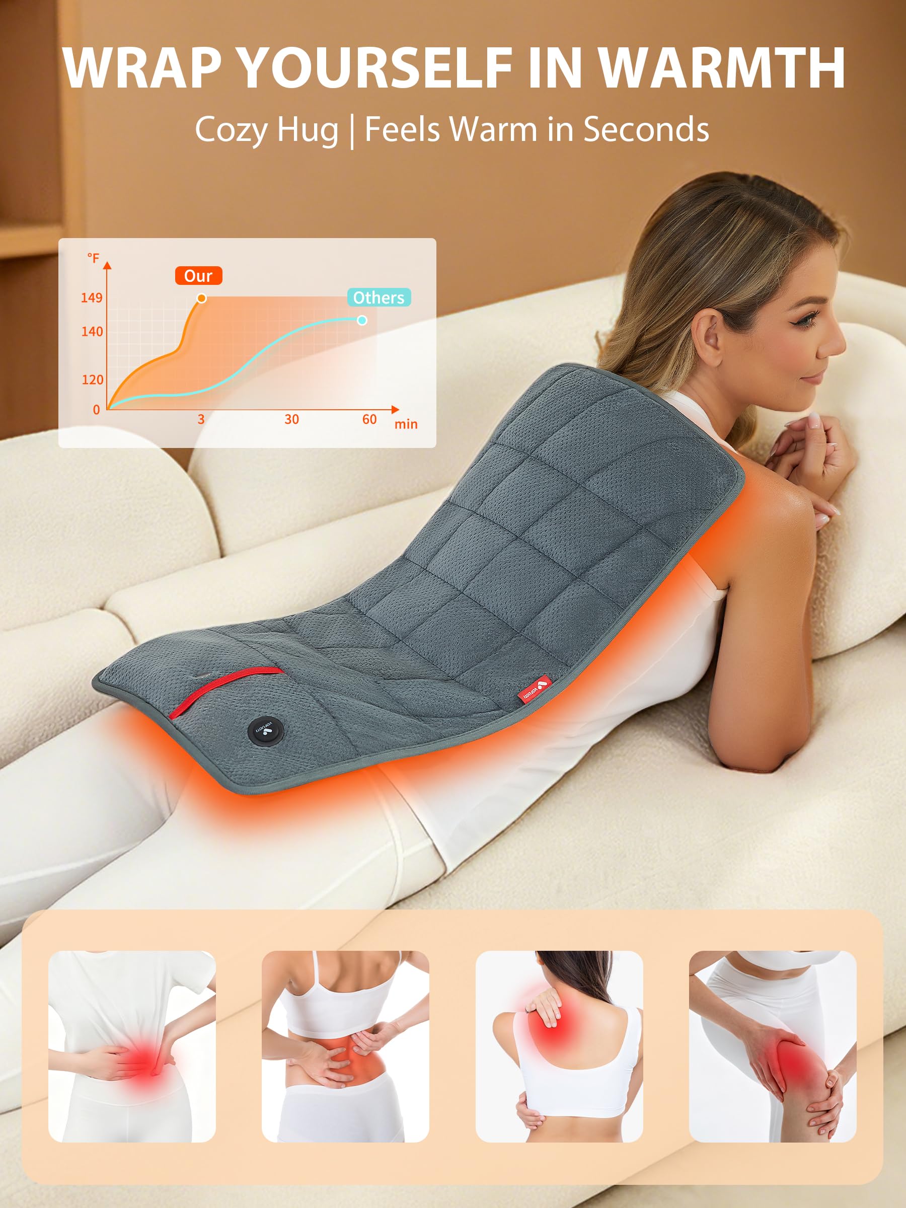 Couverture chauffante avec batterie sans fil, 10 000 mAh, coussin chauffant dos avec 3 niveaux de chauffage, coussin chauffant électrique pour dos, épaules, ventre, cou, jambes, genoux, bande