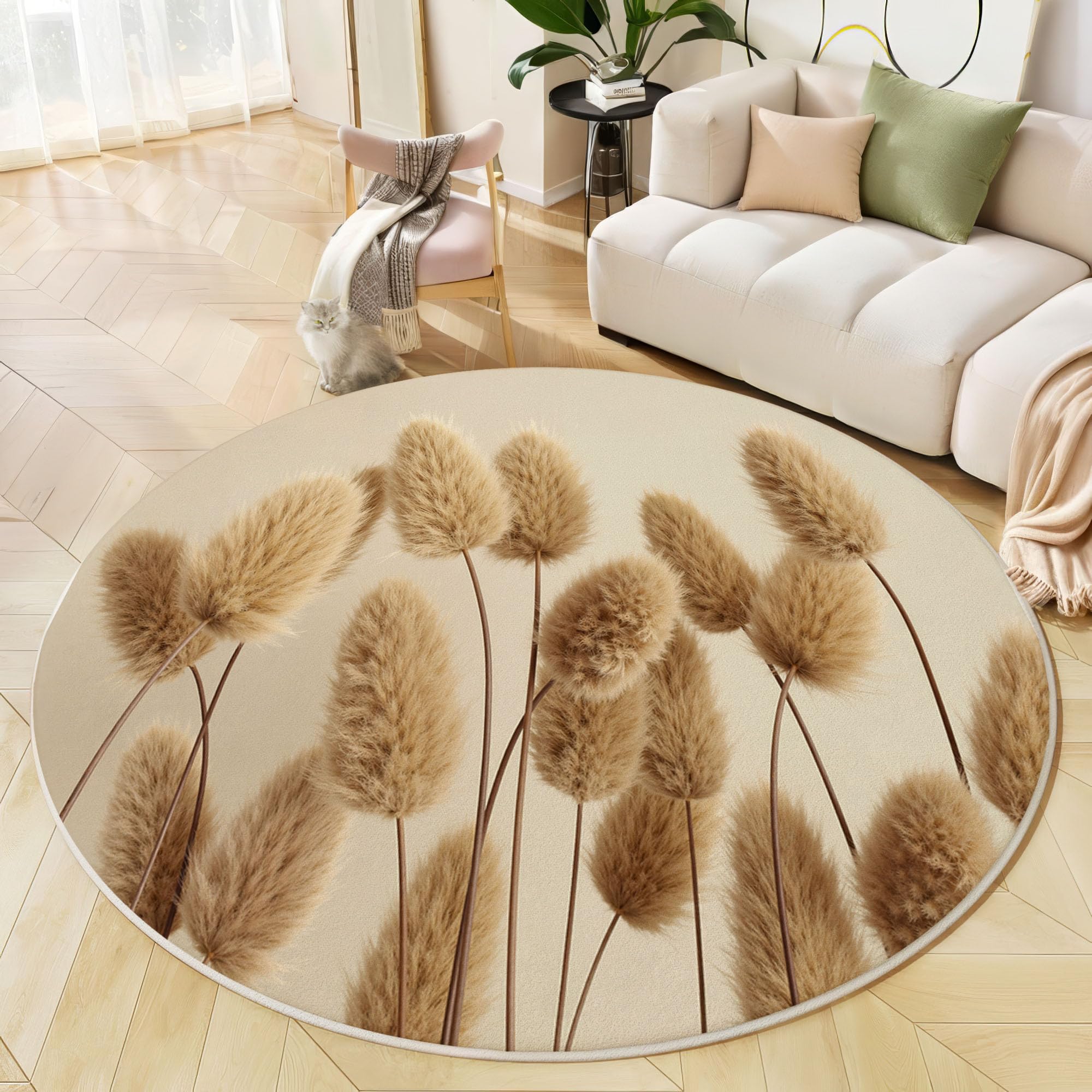 Alfombra Redonda Hierba Cola Conejo Esponjosa, 100cm Alfombras de Pelo Corto Suave Sencillez Natural Tapetes Antideslizante y Lavables para Sala de Estar, Dormitorio y Habitación Infantil, Beige