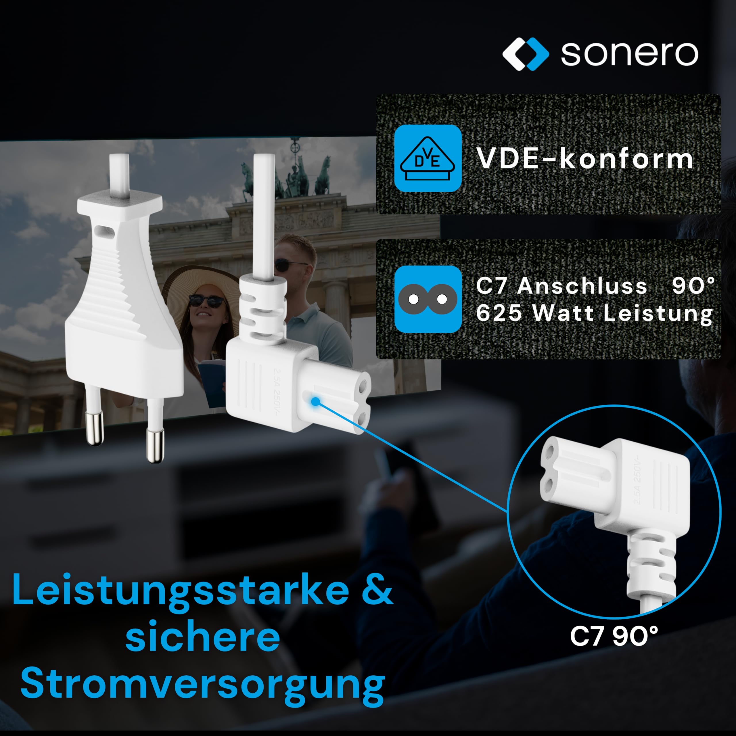 sonero Kabel zasilający, 2-biegunowy, 2 m, wtyczka euro typu C, wtyczka sieciowa do gniazda IEC C7 Euro 8, kąt 90°, zasilacz sieciowy do telewizora, PS5, PS4, PS3, urządzeń gospodarstwa domowego,