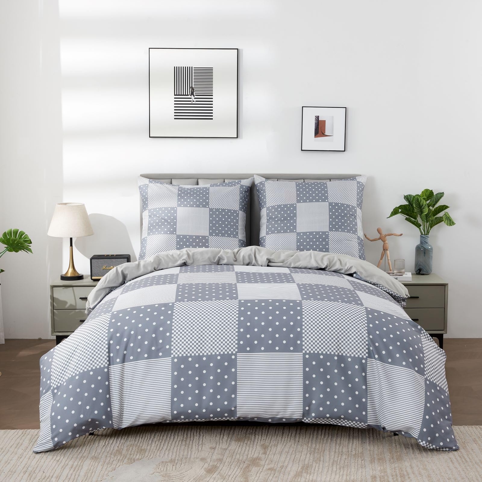 DECMAY Funda Nórdica Cama 90 cm Funda de Edredón a Cuadros, Funda Nórdica 135 x 200 cm y 2 Fundas de Almohada de 80x80 cm, Suave Juego de Cama 100% Microfibra, Gris Claro