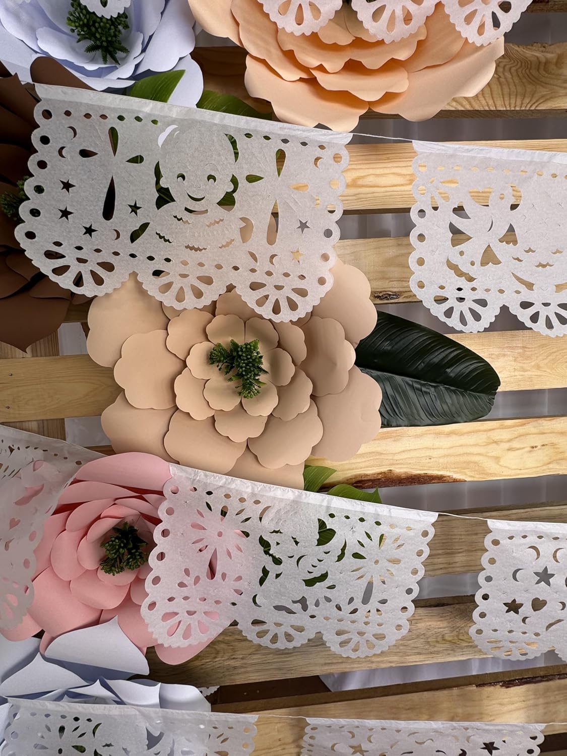 Baby Shower Party Decor for boy or Girl, Over 60 feet of White Papel Picado White Tissue Paper Banner Garlands with Angels, Babies Rocking Horse 50 Panels/Flags 5 Pack