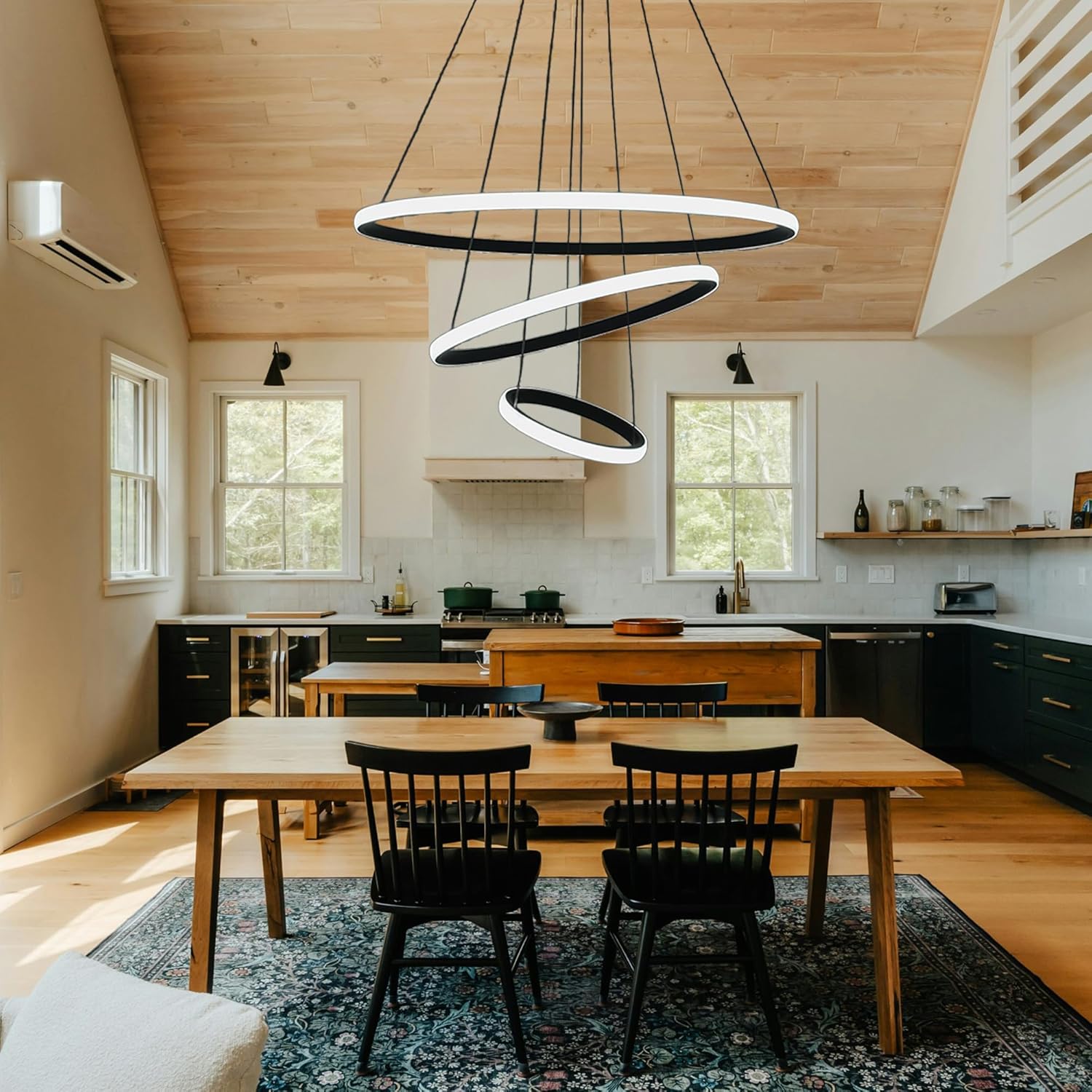 Black 3-Ring LED Pendant Light, Dimmable Modern Chandelier, Adjustable LED Island Lighting for Kitchen Island, Dining Room, Foyer, High Ceiling Spaces