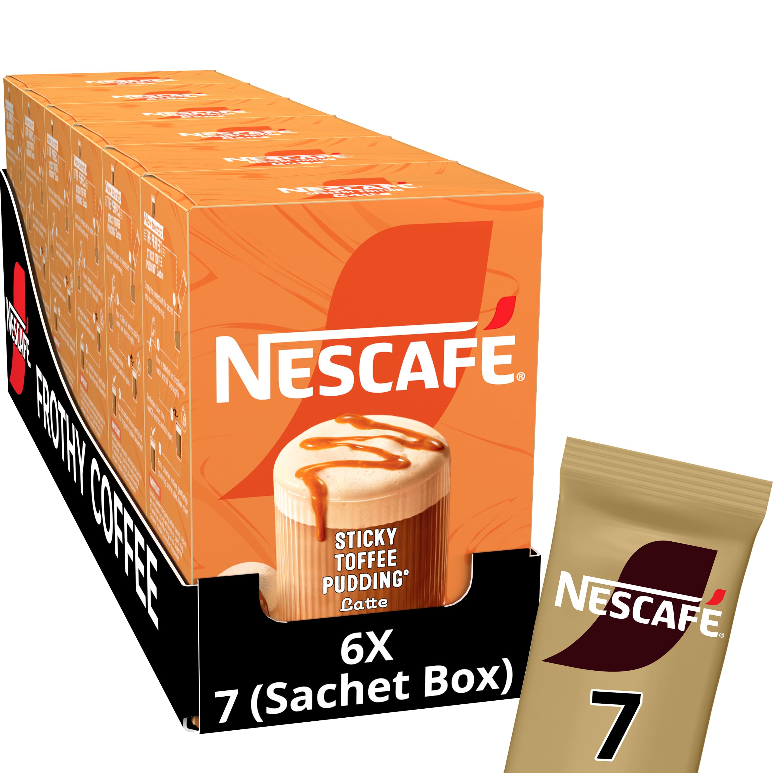 NESCAFÉ Sticky Toffee Pudding Latte 7 x 20g Sachets, 100% Responsibily Sourced Coffee (Pack of 6)