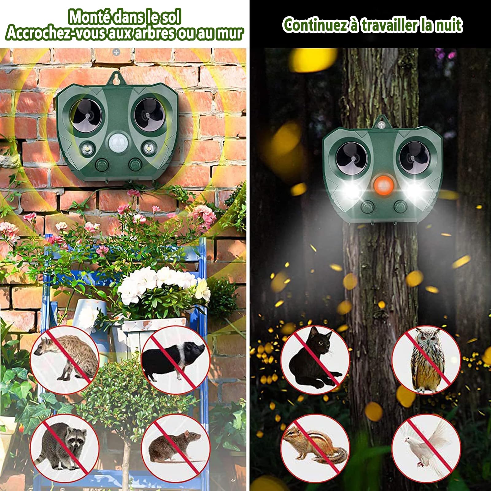 Répulsif Animaux Solaire, Repulsif Chat Exterieur, Ultrason Oiseau, Répulsif Souris, Ultrason Charge Solaire, Chargement USB, Jardin pour Cours, Fermes, Champs (A)