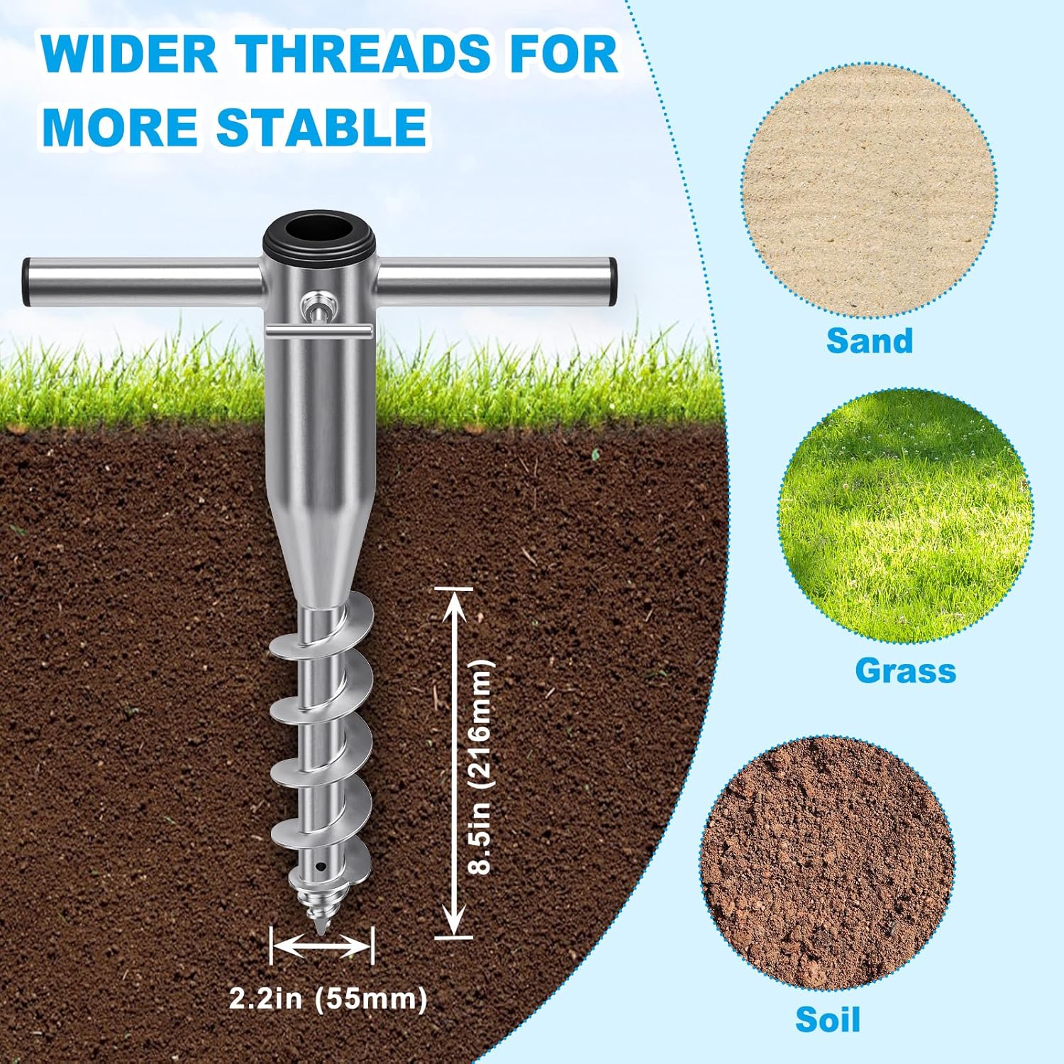 Dolibest Heavy Duty Beach Umbrella Sand Anchor, Screw-in Ground Anchor with 3 Sleeves (Fits 1-2" Poles), Windproof Beach Umbrella Stake, 2.2'' Fully Welded Spiral Design for Ultimate Stability