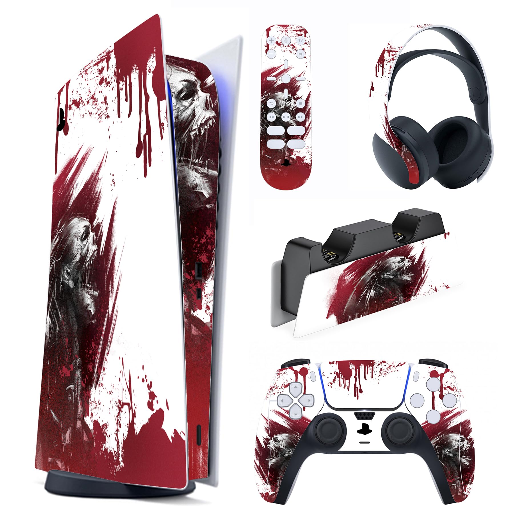PlayVital Full Set Skin Decal for ps5 Console Digital Edition, Sticker Vinyl Decal Cover for ps5 Controller & Charging Station & Headset & Media Remote - Blood Zombie