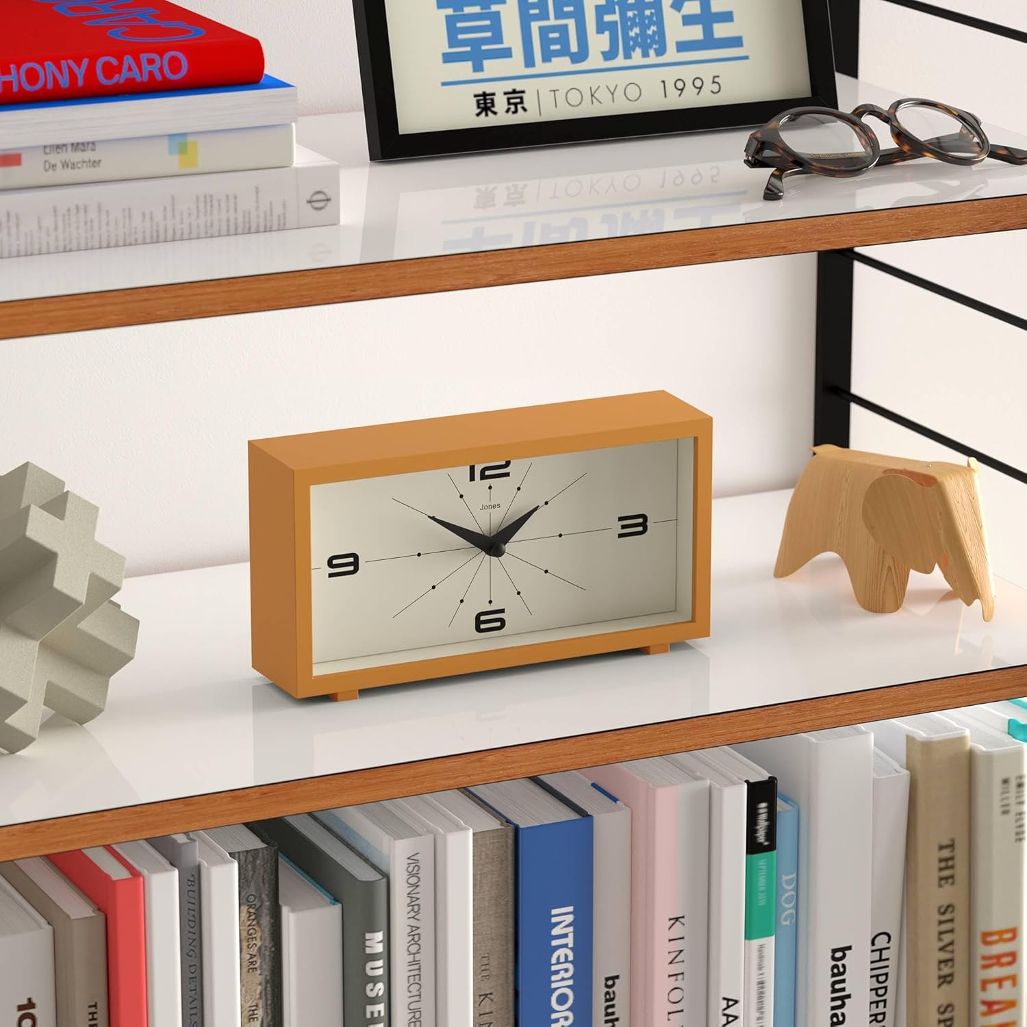 JONES CLOCKS® Odeon Desk Clock | Modern Rectangular Design | Mustard Yellow | Stylish Retro Look for Shelf, Table, Mantel or Bedside