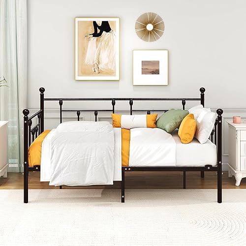 Juego de cama corrediza y marco de metal de alta calidad con listones de acero de primera calidad, sofá cama y sofá cama enrollable (marrón,