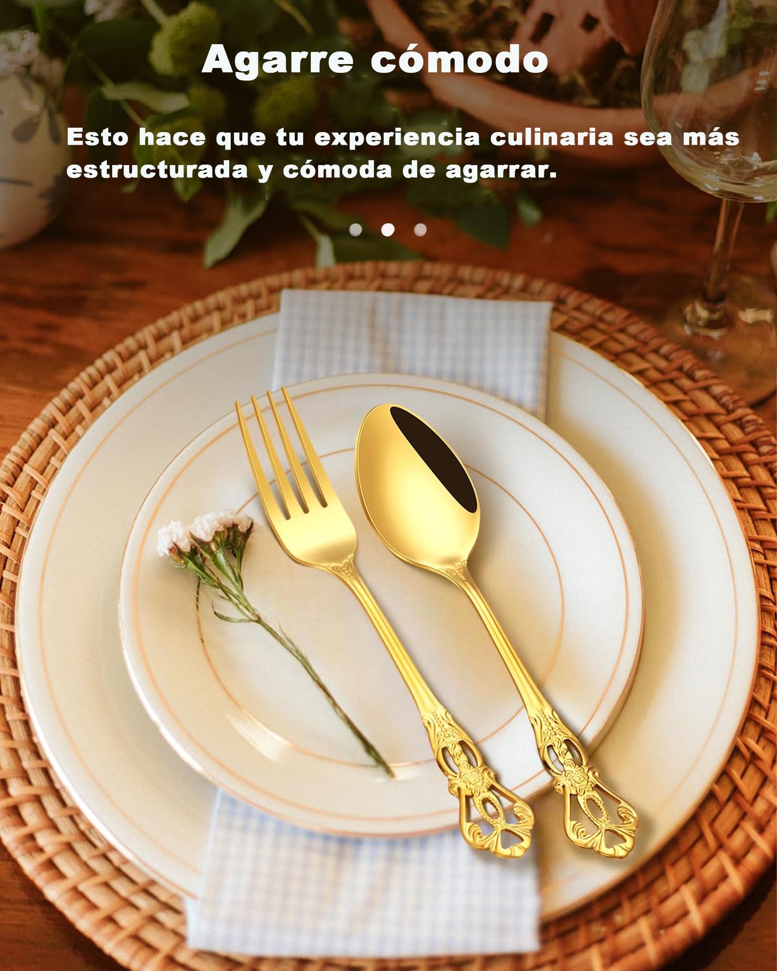Juego de Cubiertos de Oro Retro para 6, Hermoso Set Dorado de Acero Inoxidable 24 Piezas, Servicio para 6, Tenedor Cuchara Cuchillo, Estilo Barroco Antiguo