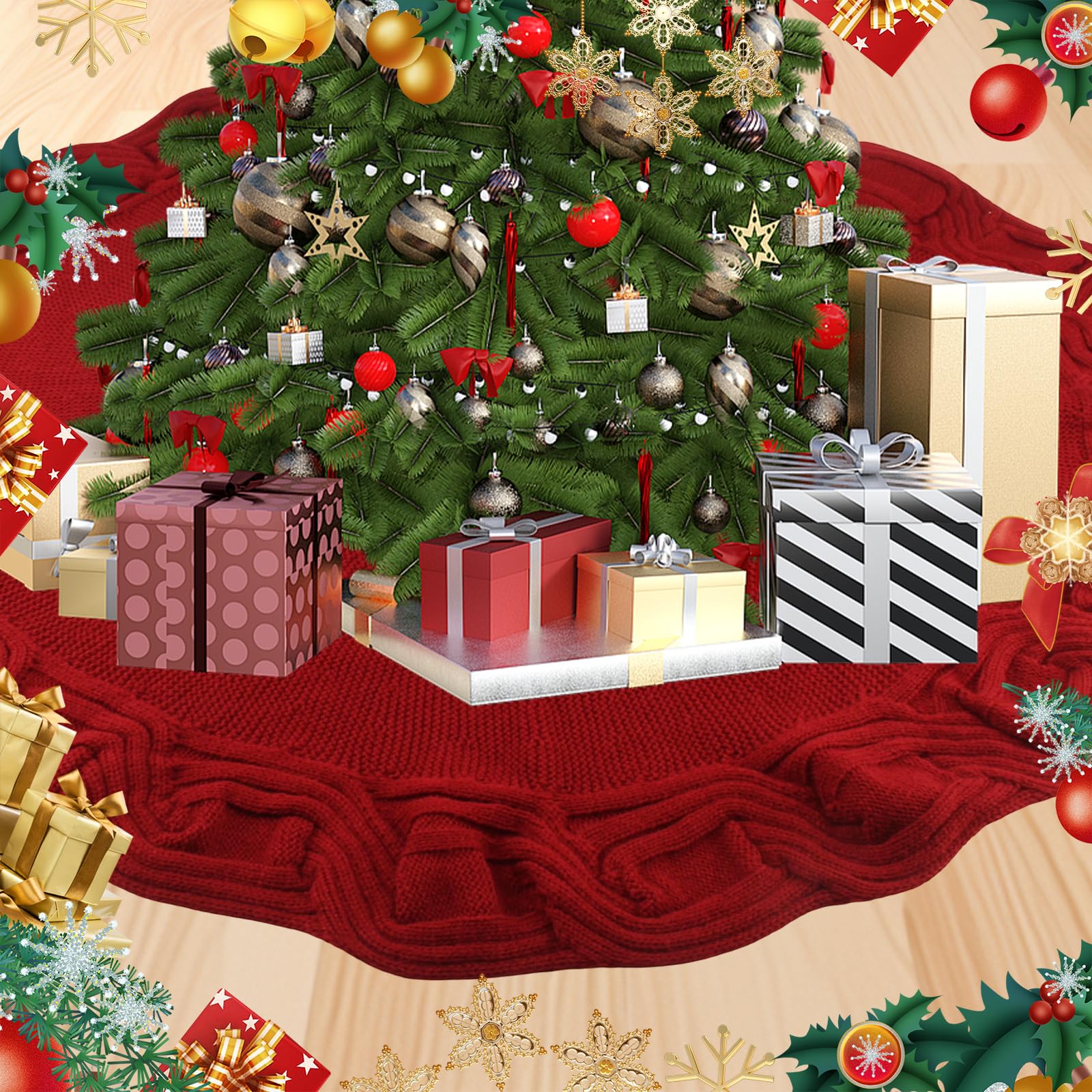 90 cm Jupe de Sapin de Noël Tricoté Rond Jupe d'arbre Sapin Noel pour Fournitures de Décoration Intérieure et Les Décorations de Fête Noël (Rouge)