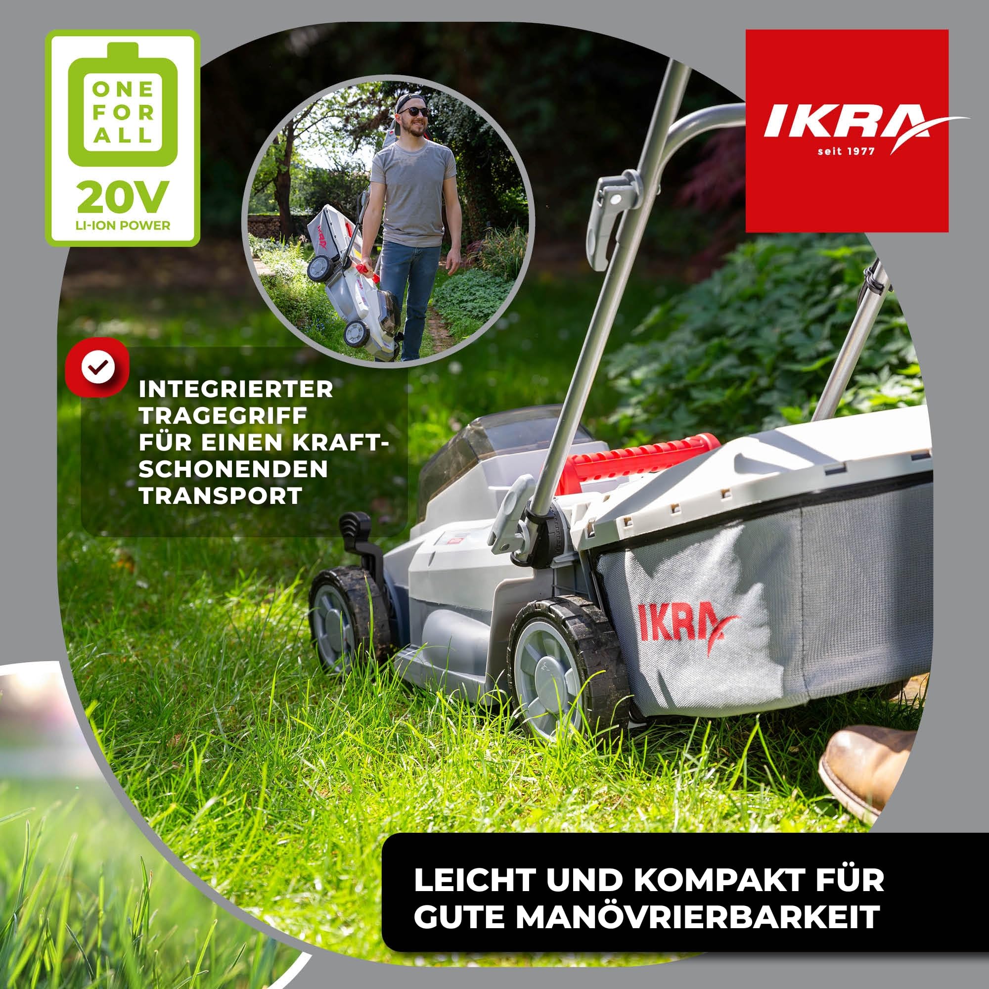 IKRA Rasenmäher ICM 2033, Breite 33cm, inkl. 2 Akkus 20V & Ladegerät | Schnitthöhe 25-75mm, Mulchmäher für Rasenflächen bis 150m², Holm höhenverstellbar, Fangsack 30l, 20V-Akku-Familie von IKRA
