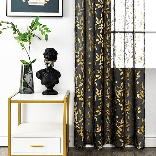 Miniatura 4 de Deeprove Juego de 2 paneles de cortinas traslúcidas negras de 84 pulgadas de largo, con estampado de hojas de vid metálicas, para dormitorio