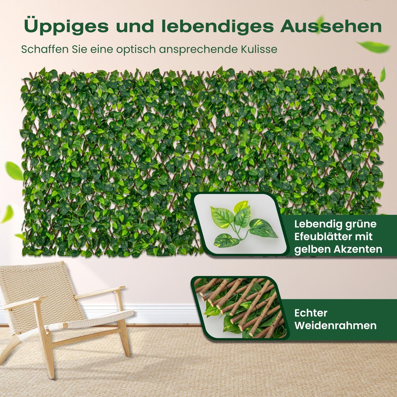 COSTWAY Ochrona prywatności ze sztucznego bluszczu, 180 x 90 cm, ściana roślin, żywopłoty, liście bluszczu, ogrodzenie do żywopłotu ogrodowego, na balkon, dekoracja zewnętrzna, roślina żywopłotowa,