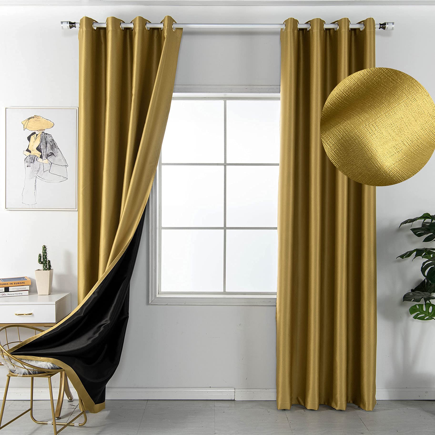 Amidoudou 1 Pair Blackout Curtains for Bedroom Living Room (Gold,2 Panels 66 x 84 Inch)