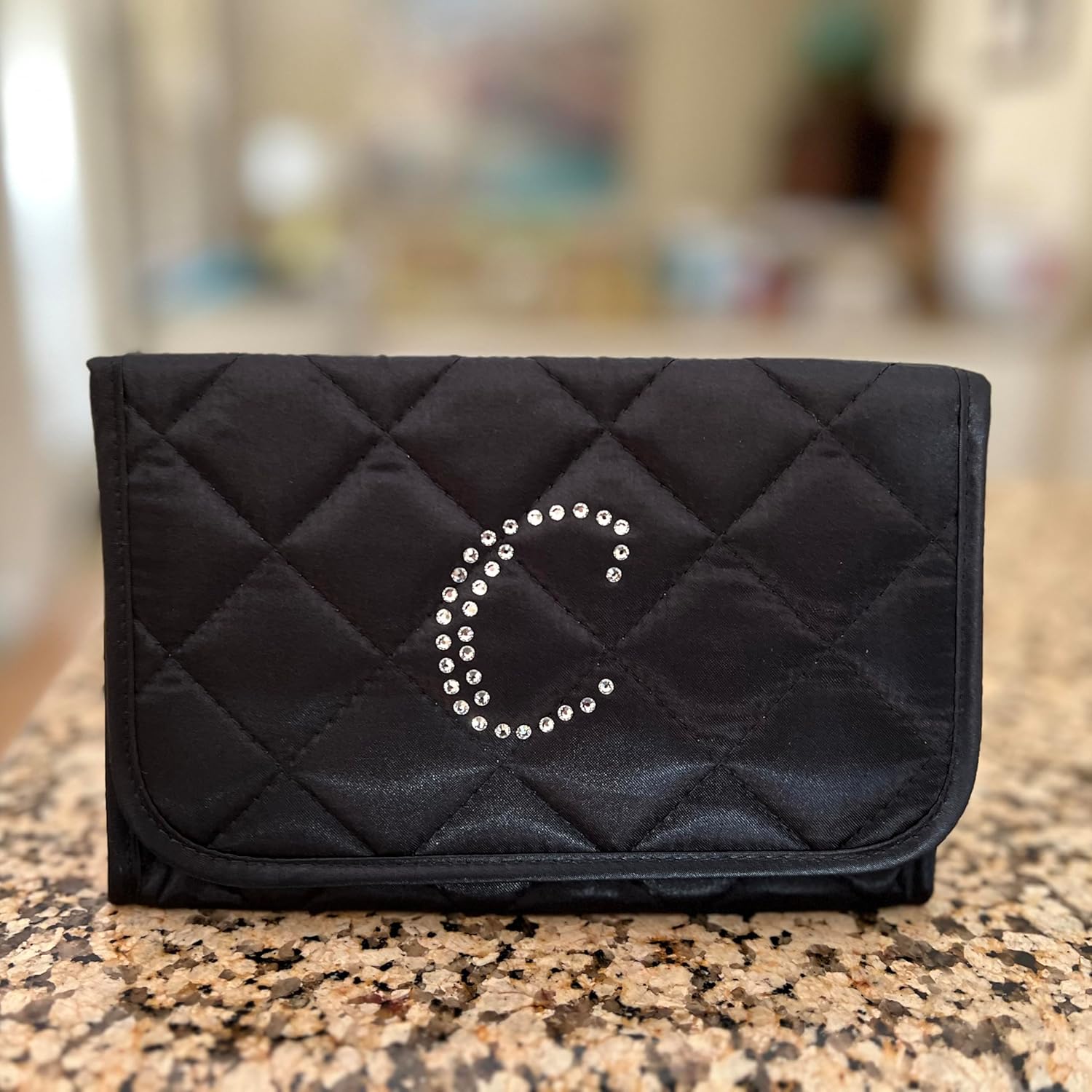 Personalized & Monogrammed Letter C in Rhinestone Crystals Travel Portable Purse Size Makeup Case Cosmetic Bag with Mirror, Quilted Satin Black