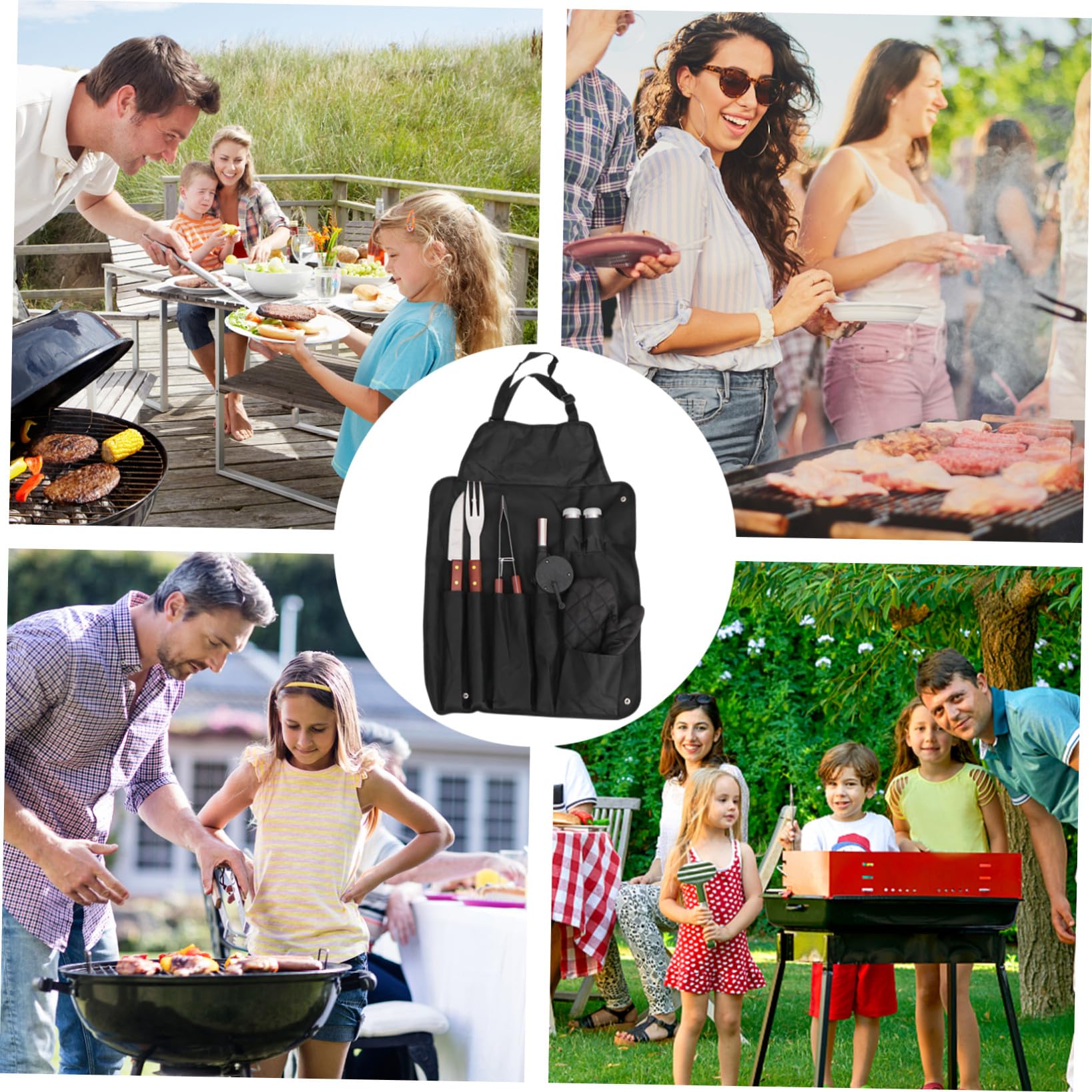 Abaodam Juego de Utensilios para Barbacoa para Camping y Fiestas Diseño Compacto, Acero Inoxidable y Madera, Incluye Delantal y Bolsa de Almacenamiento