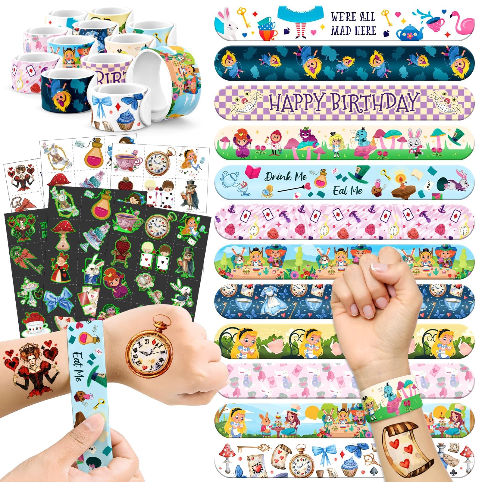 96 Pcs Alice Party Favor Set - Slap Bracelets & Tattoos, Fairytale Princess Birthday Gifts for Girls, Tea Party Decorations, Bulk Toys for Kids