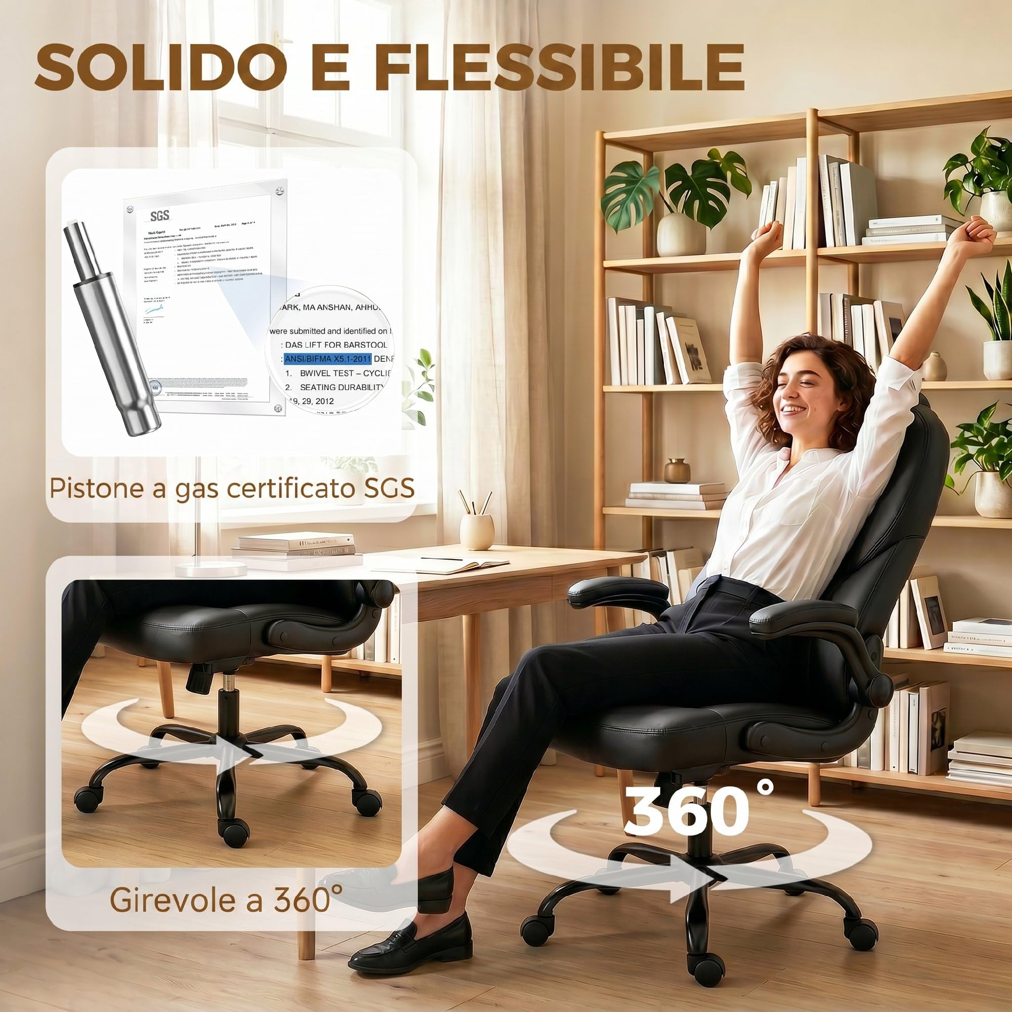 HOMCOM Sedia da Ufficio Ergonomica, Braccioli Ribaltabili Imbottiti, Nero | Schienale Curvato Alto Traspirante, Sedia Scrivania Imbottita Girevole in Pelle PU, Funzione Dondolo, Altezza Regolabile