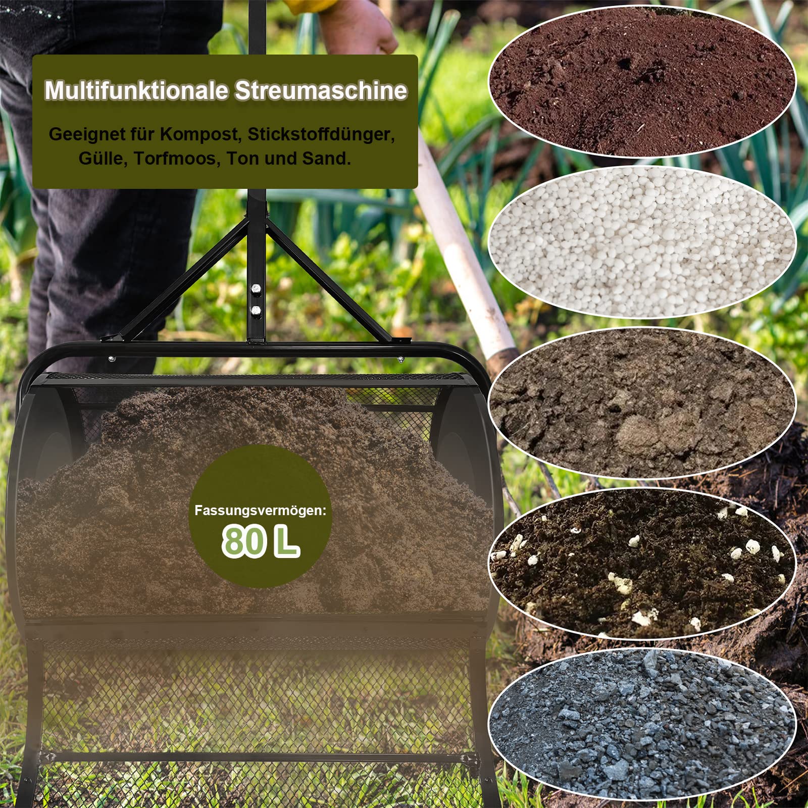 Spargitore per compost, da giardino con cestello in metallo da 65 x 40 cm e manico a T, 80 l, spargitore per semi da giardino (nero)