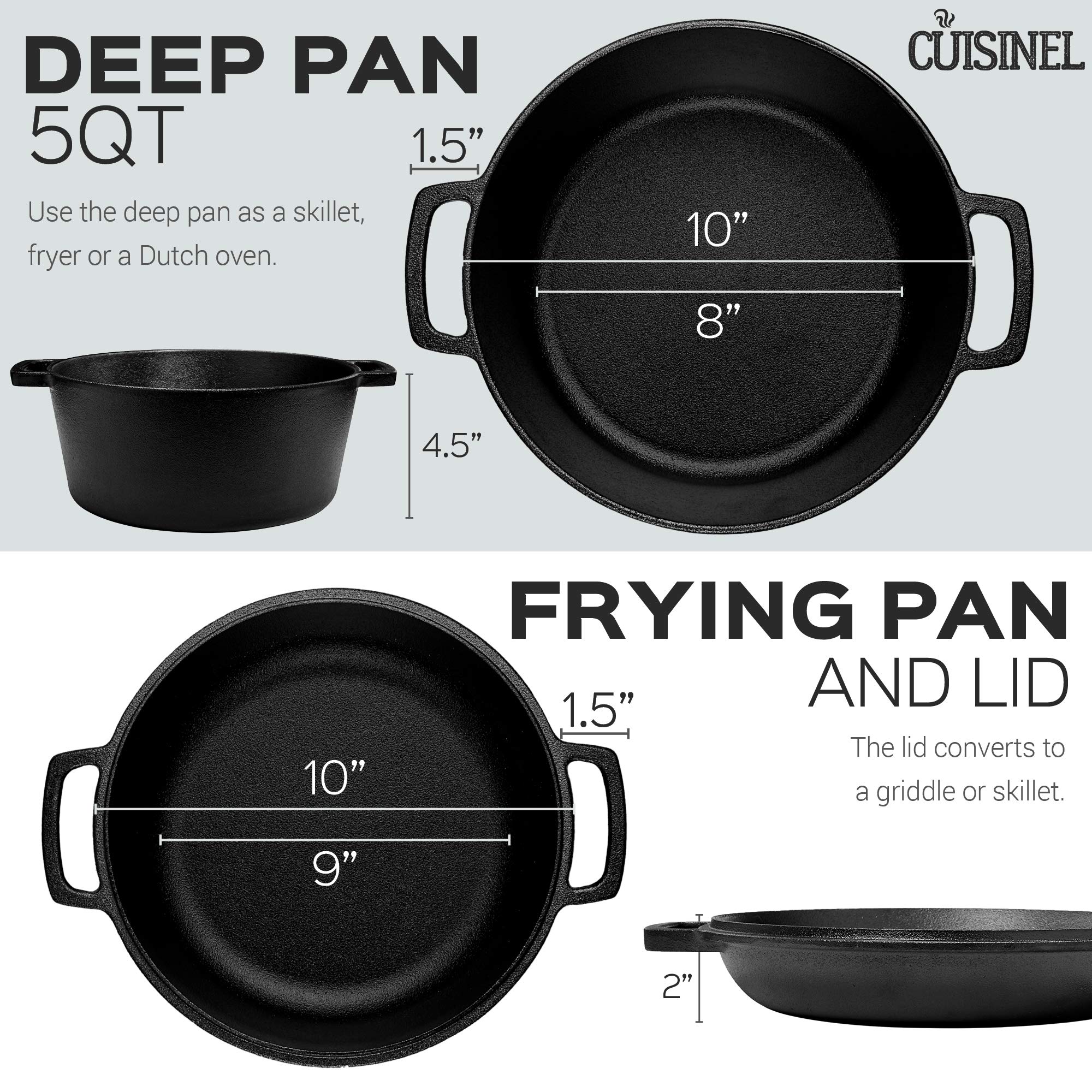Cuisinel Cast Iron Double Dutch Oven PreSeasoned 5Quart Set 2in