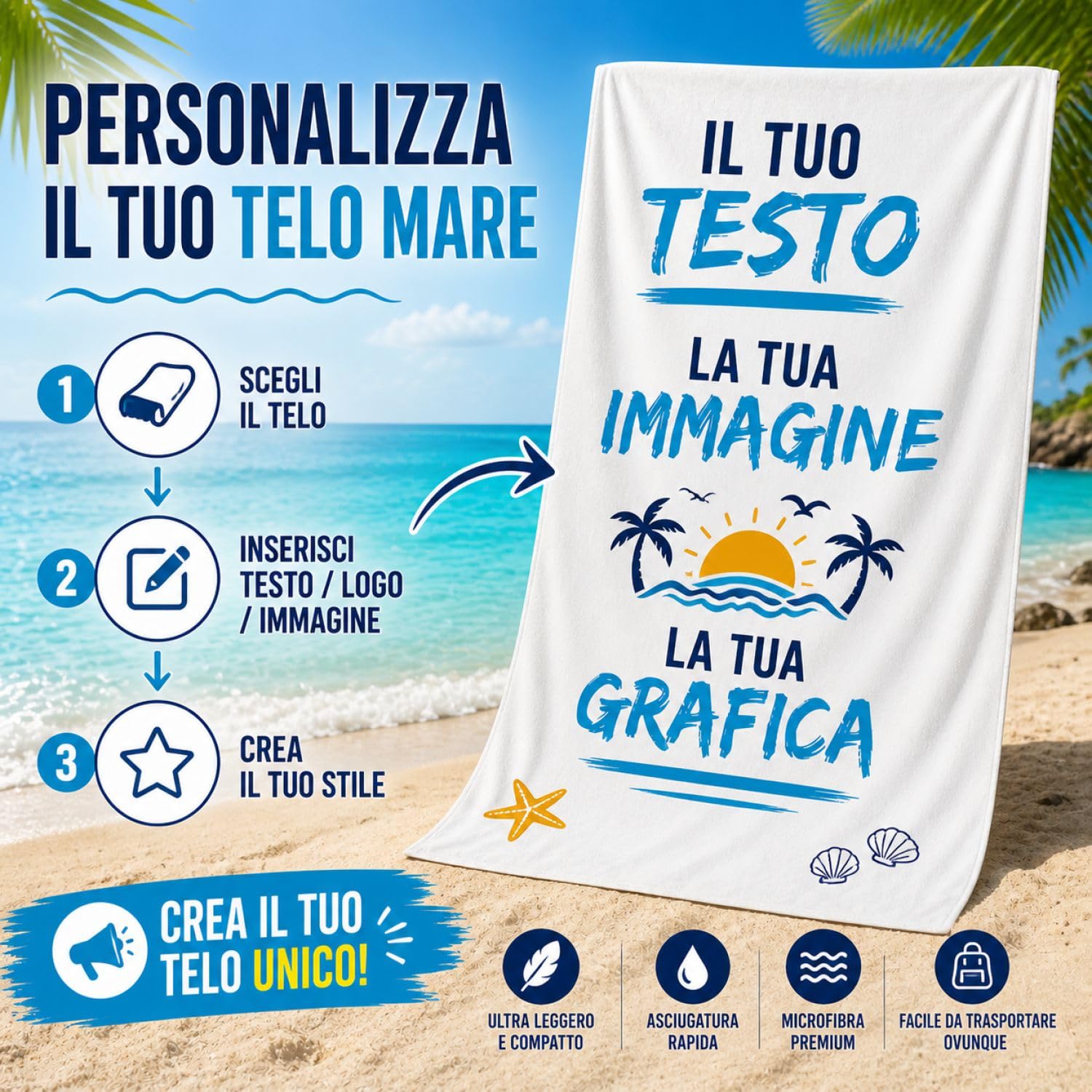Telo Mare Personalizzato – Stampa Nome o Testo | Morbido, Assorbente e Ultra Leggero | Perfetto per Spiaggia, Piscina e Bagno