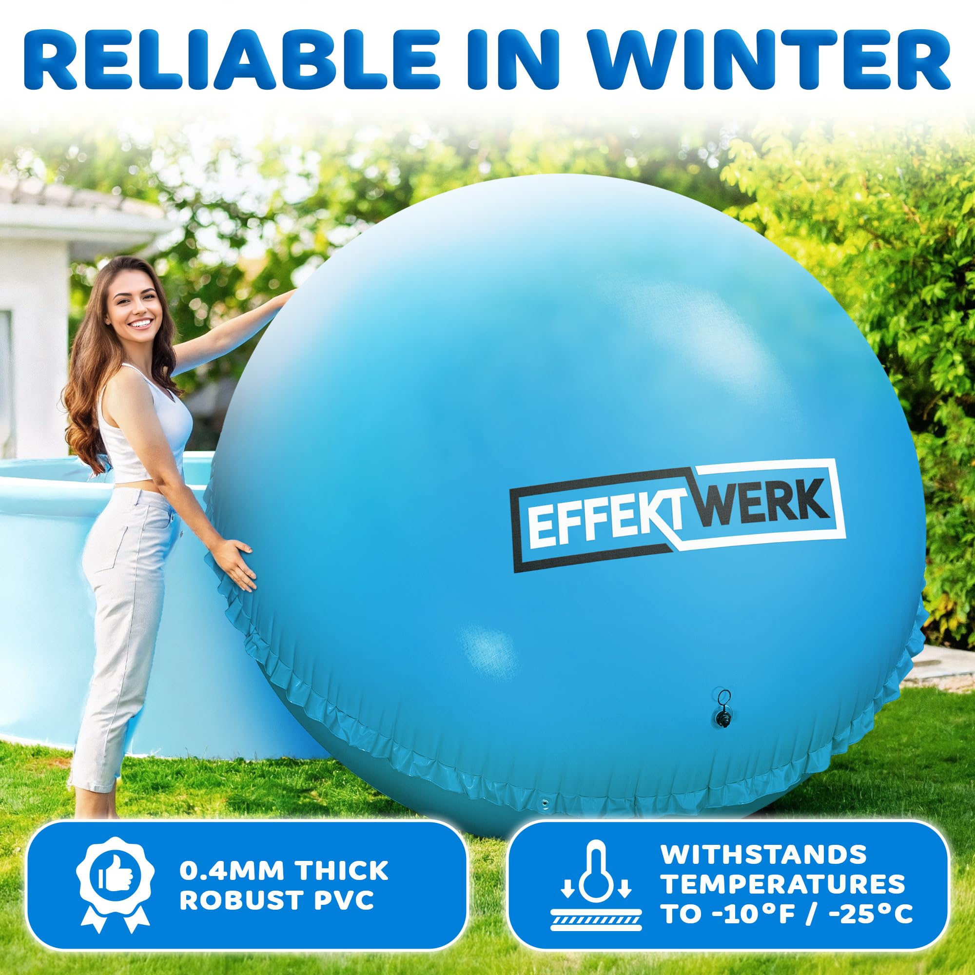 Poolkissen für den Winter - 3m Riesiges Aufblasbares Luftkissen/EIS-Ausgleicher für Aufstellpools mit 5m Seil, Flicken und Ventilkappe