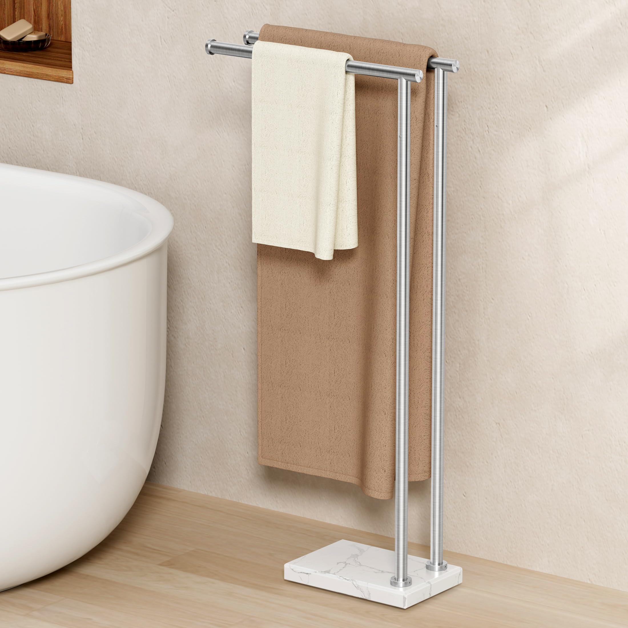 KES Free Standing Towel Racks for Bathroom, 2-Tier Towel Stand for Bathroom Floor with Weighted Natural Marble Base 3X Thicker, 18/8 Stainless Steel,