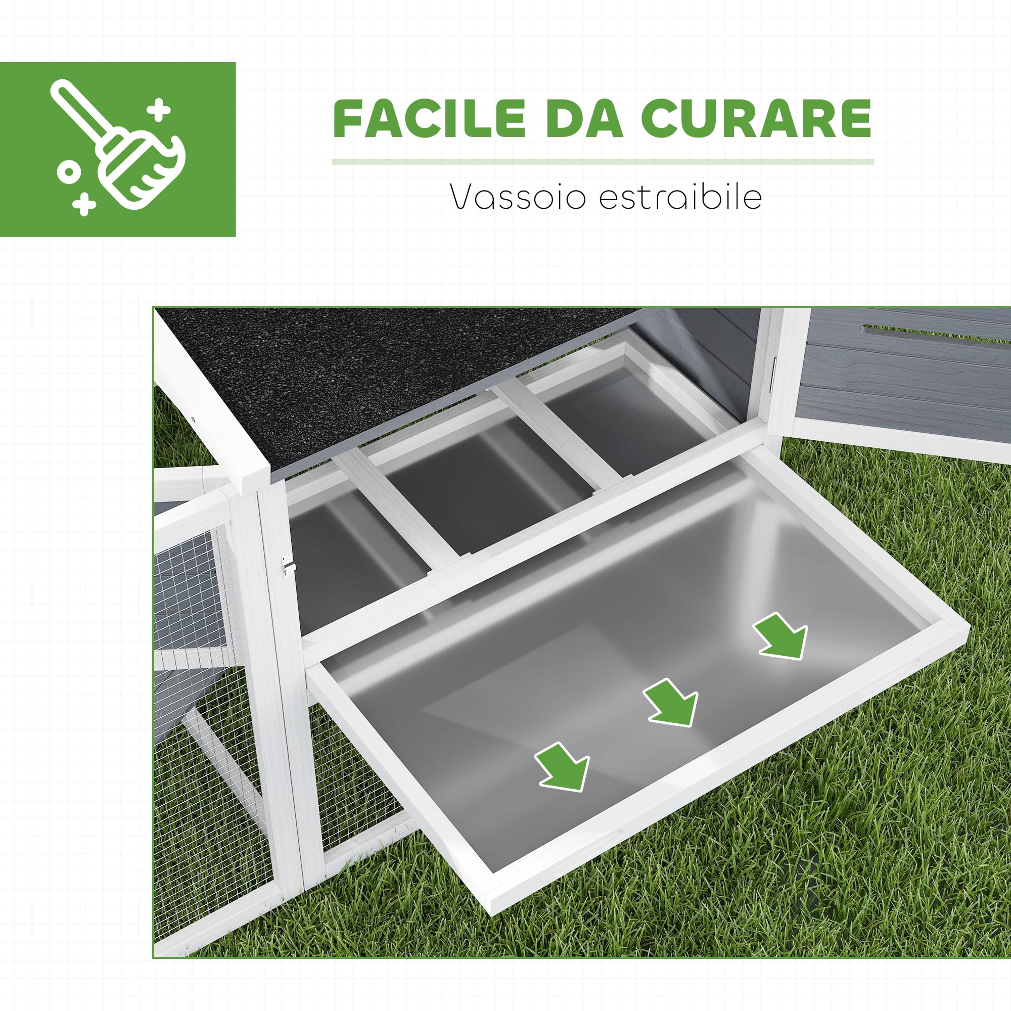 PawHut Pollaio per Galline Ovaiole Esterno con Casetta, Nido per Cova, Tetto Impermeabile Apribile, Vassoio Estraibile, Porte, Gabbia Recinto per 2-4 Galline Conigli in Legno, 214x101x91.5cm, Grigio