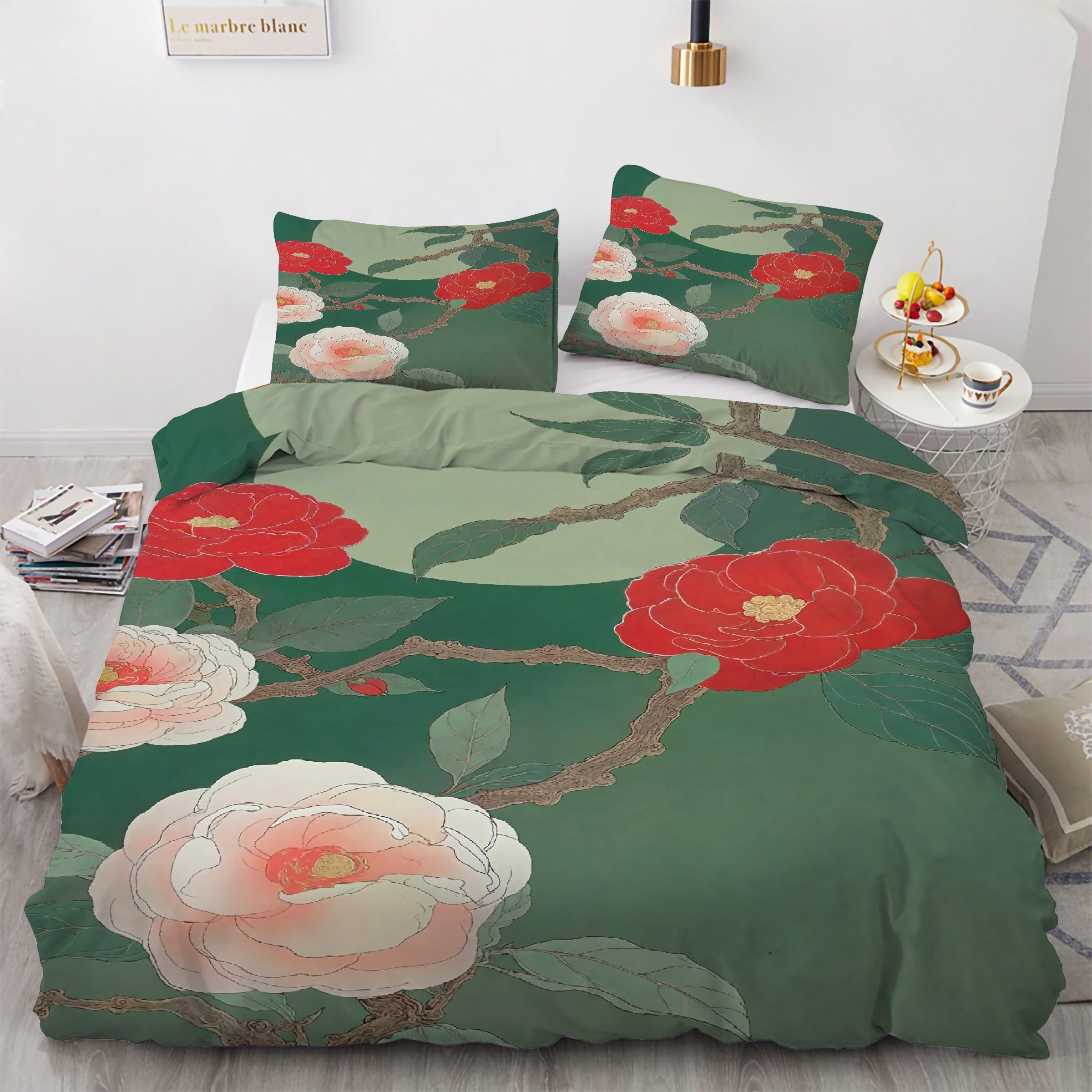 Housse de couette 160x200 rouge Fleur De Richesse parure de lit microfibre 3 pièces KG3537
