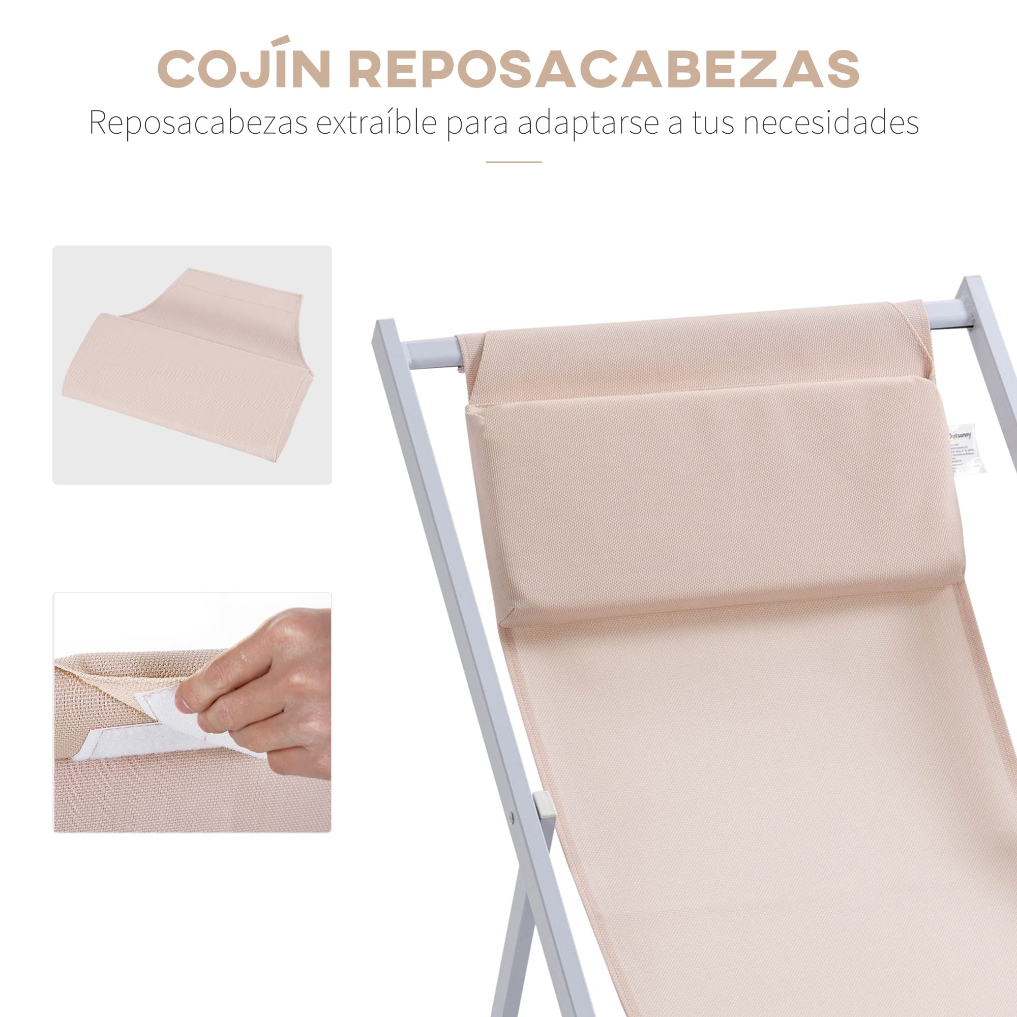 Outsunny Conjunto de 2 Tumbonas Plegables con Respaldo Regulable en 5 Posiciones y Reposacabezas Acolchado Incorporado 58x96,5x91,5 cm Beige