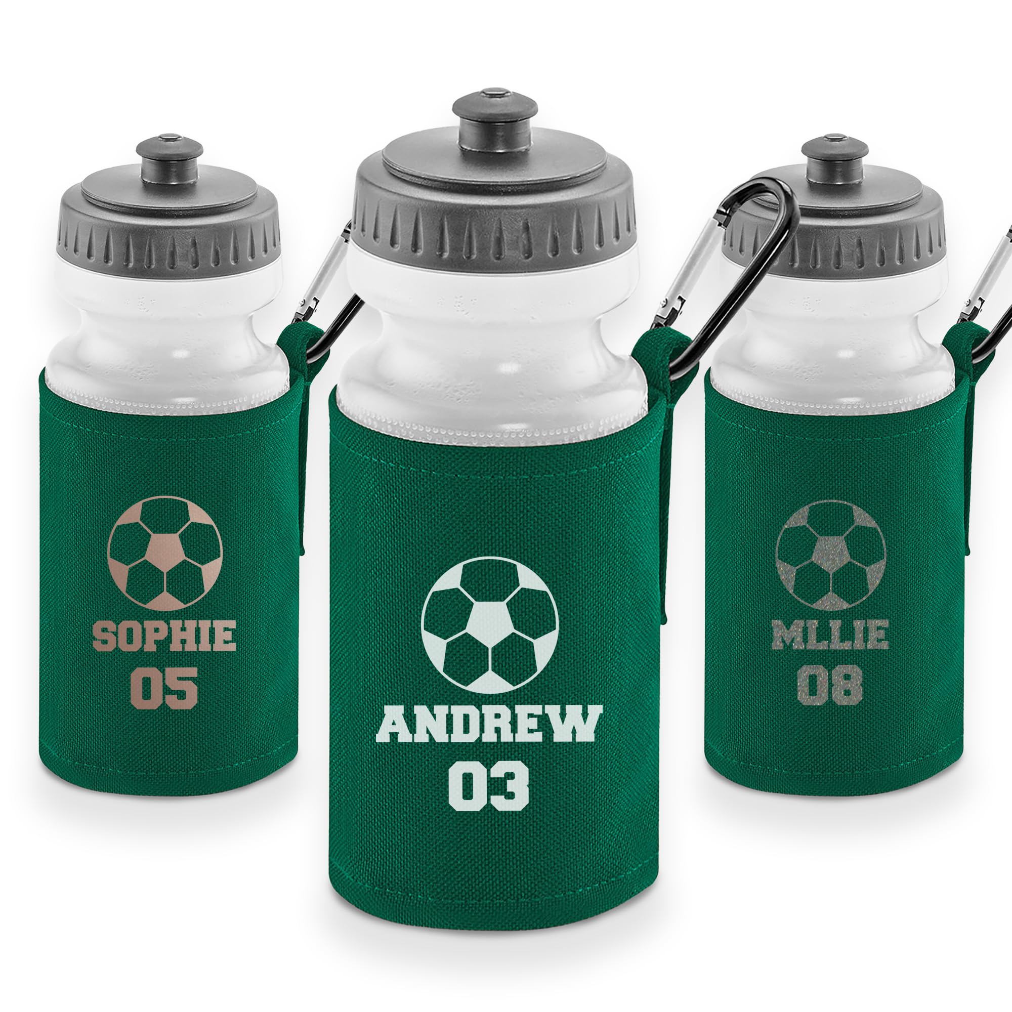 Print Maniacs Personalised Kids Sports Water Bottle with Football Design โ Custom Name and Shirt Number Printed Sleeve โ 500ml BPA Free School Drink Flask with Carabiner โ Gift for Boys & Girls