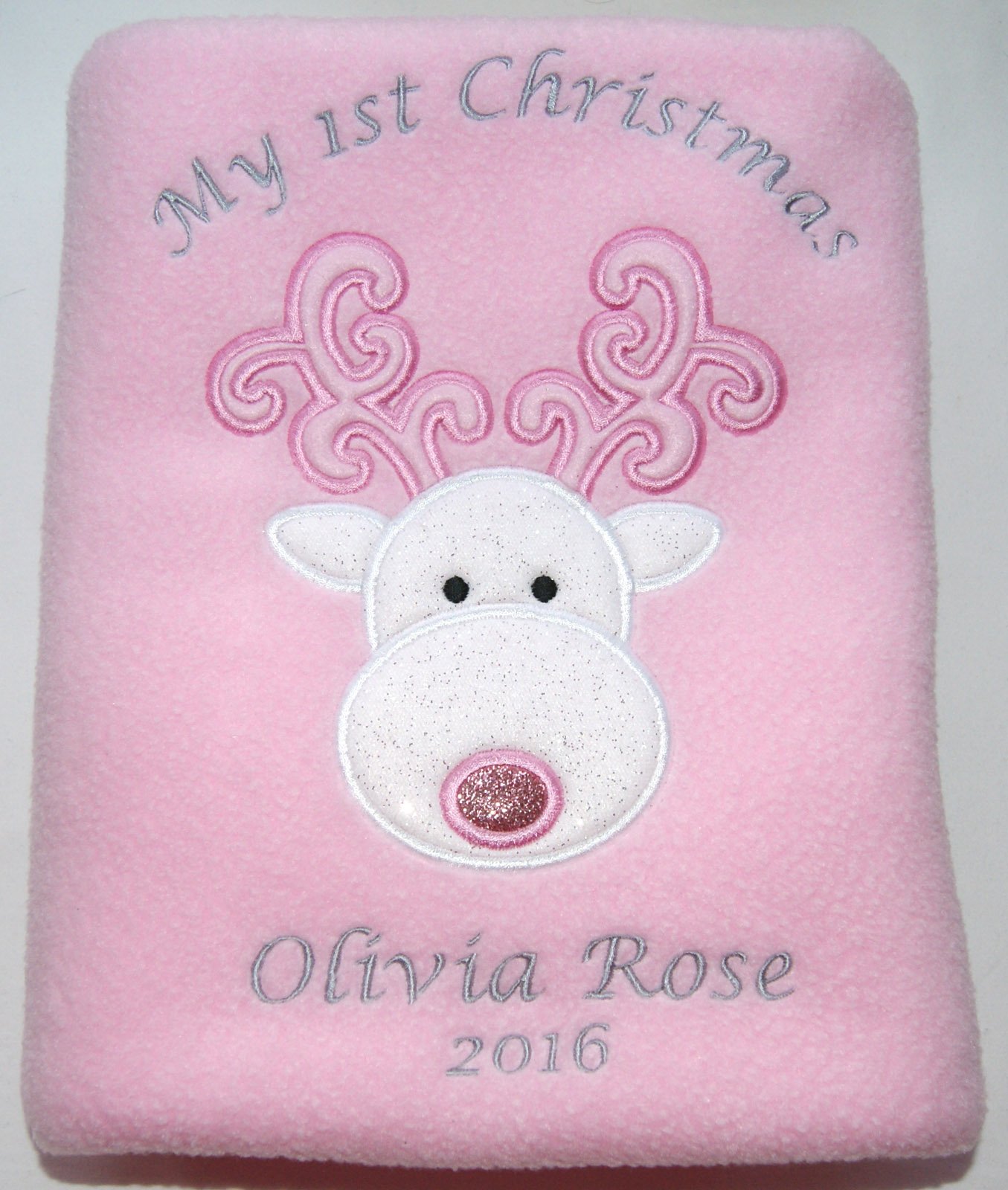 Sew Sew Special Women's Pink Personalised Baby Girls 1St Christmas Reindeer Fleece Blanket (Pink)