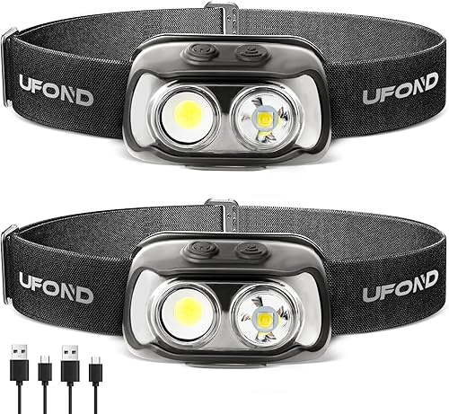 UFOND Paquete de 2 faros LED, 6 modos de haz ancho o enfocado, cable USB recargable con sensor de movimiento para faros delanteros, diadema