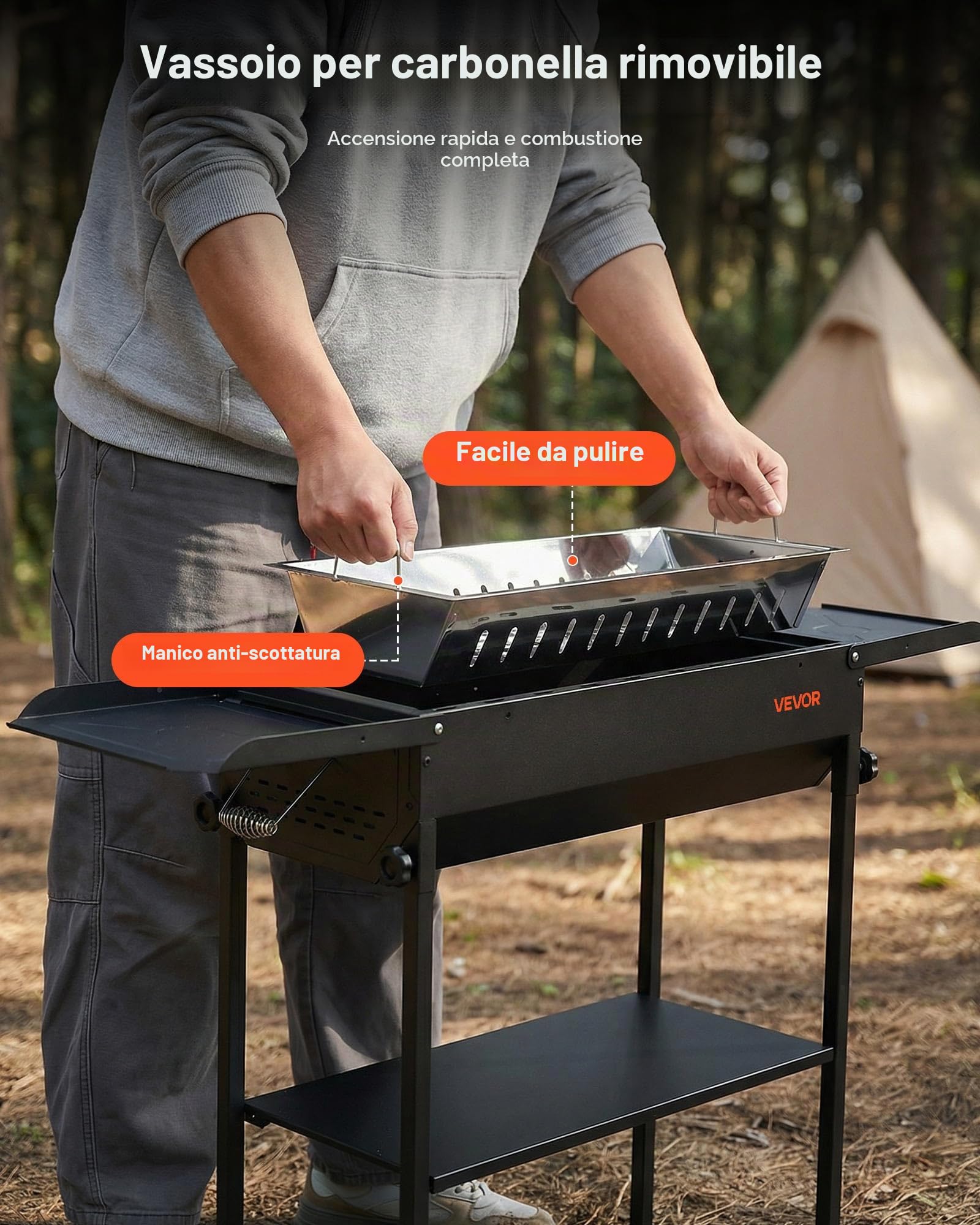 VEVOR Griglia per Barbecue a Carbonella Pieghevole, Barbecue Portatile Altezza Regolabile con Ripiani Laterali per Spezie Salsa, Griglia a Carbone BBQ da Campeggio Picnic Feste da Esterno Giardino