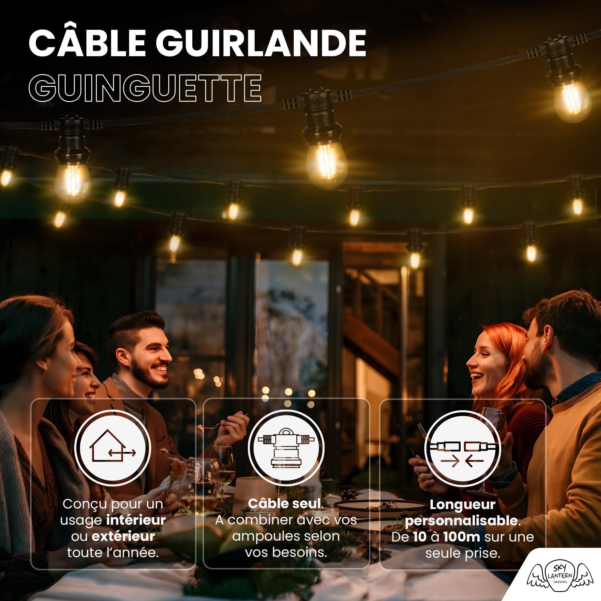 SKYLANTERN® Guirnalda Luces Exterior Profesional 30m Negra IP65 Conectable - 60 Portalámparas E27 (Bombillas No Incluidas) - Cadena Luminosa Impermeable para Terraza, Jardín, Bar y Restaurante