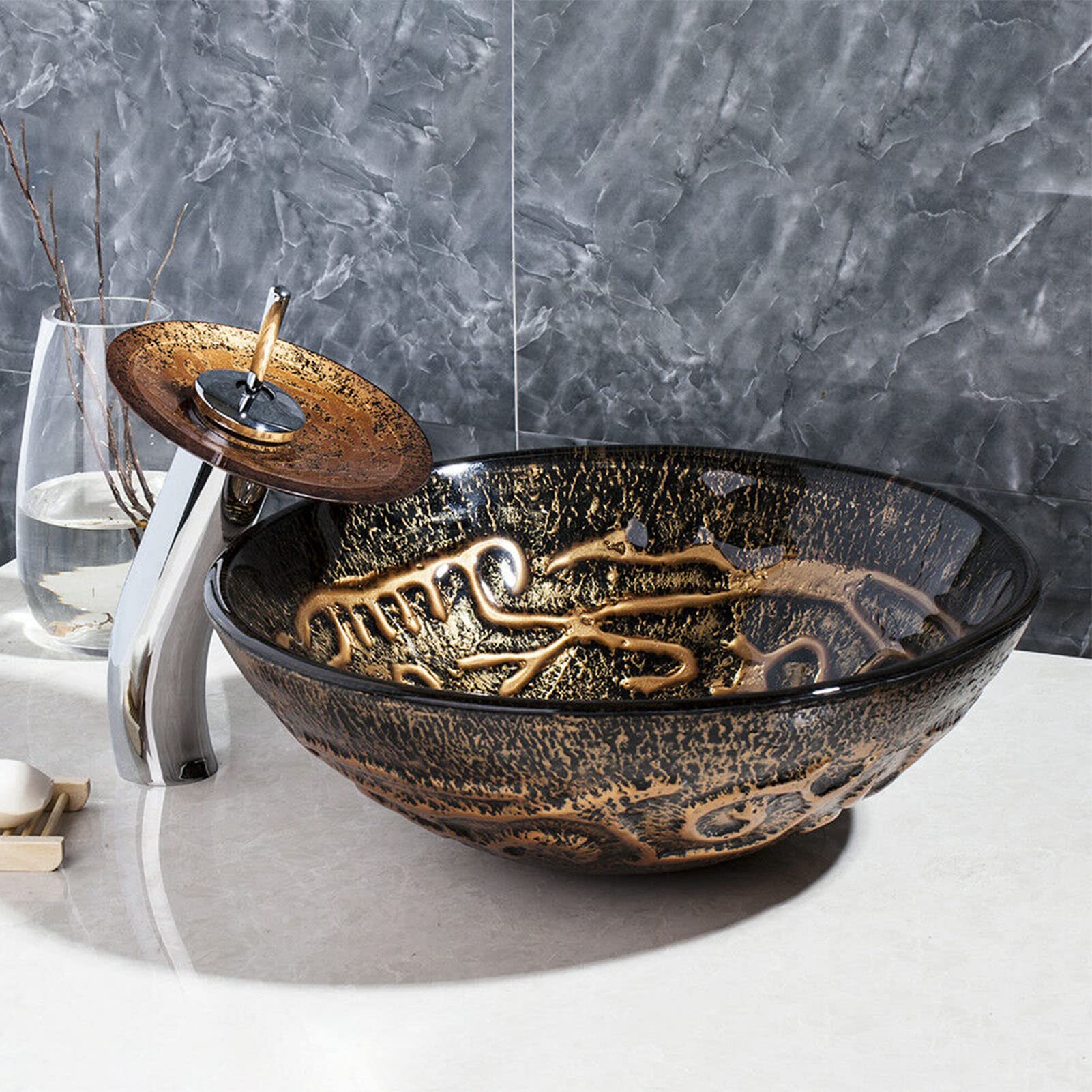Lavandino rotondo in vetro dipinto a mano con rubinetto a cascata e scarico pop up per bagno vanità, design artistico sopra il bancone