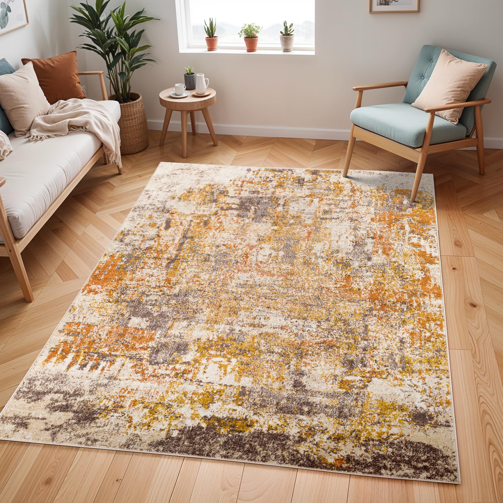 Livabliss Tervel Abstract Rug - Area Rugs Living Room 160x213 cm, Dining Room, Lounge, Kitchen, Bedroom - Modern Marble Large Rug, Soft Luxurious Easy Care Medium Pile, Orange, Mustard, Grey,Beige