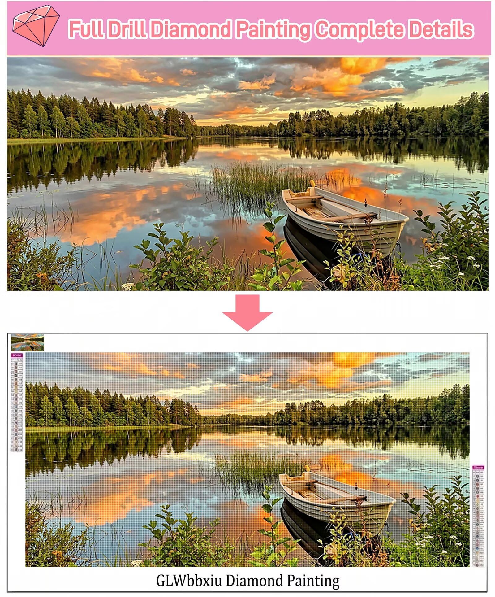 Diamond Painting Landschaft, Boot Diamond Painting Erwachsene, 5D DIY Vollbohrer Diamanten Paint by Numbers, Kreatives für Erwachsene Mosaik Bastelset für Home Wand Deko, Geschenk, 80x160cm, Cod-716
