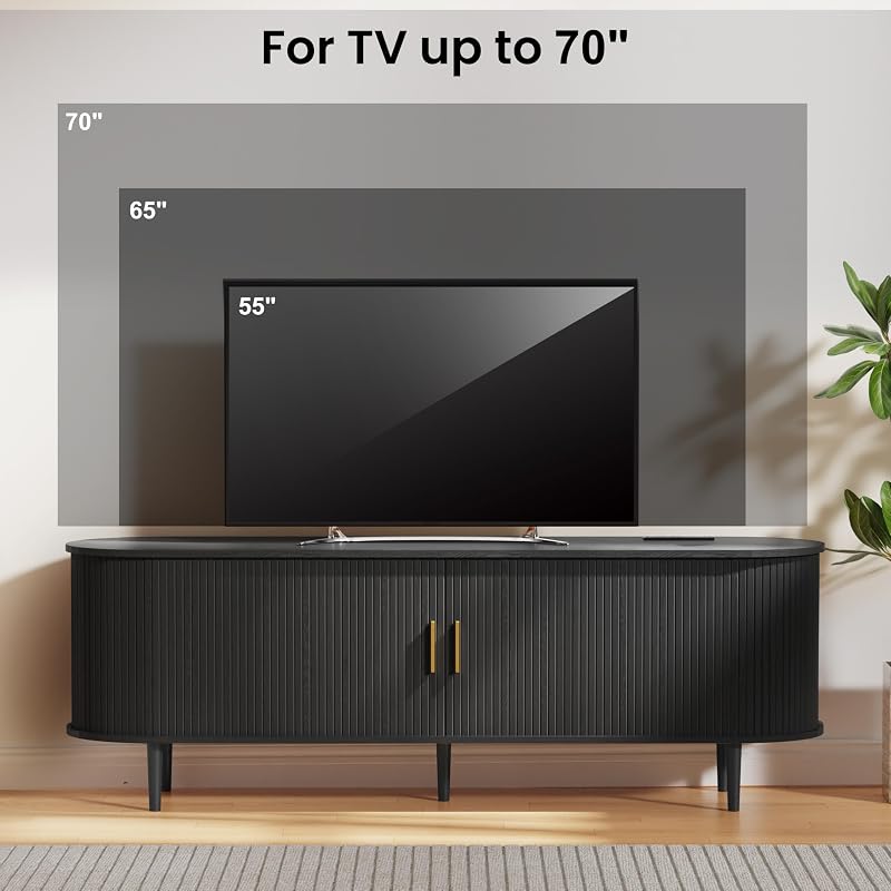 DHH 63 Inch Mid Century Modern TV Stand with Power Outlet for TVs up to 70 Inch, Entertainment Center with Storage and Adjustable Shelves, Media Console with Sliding Doors for Living Room(Black) image 4