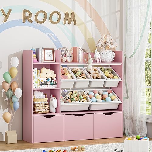 Miniatura 8 de FACBOTALL Organizador de almacenamiento de juguetes con 3 cajones móviles, estantería para niños con 6 contenedores de plástico y 2 cubos de