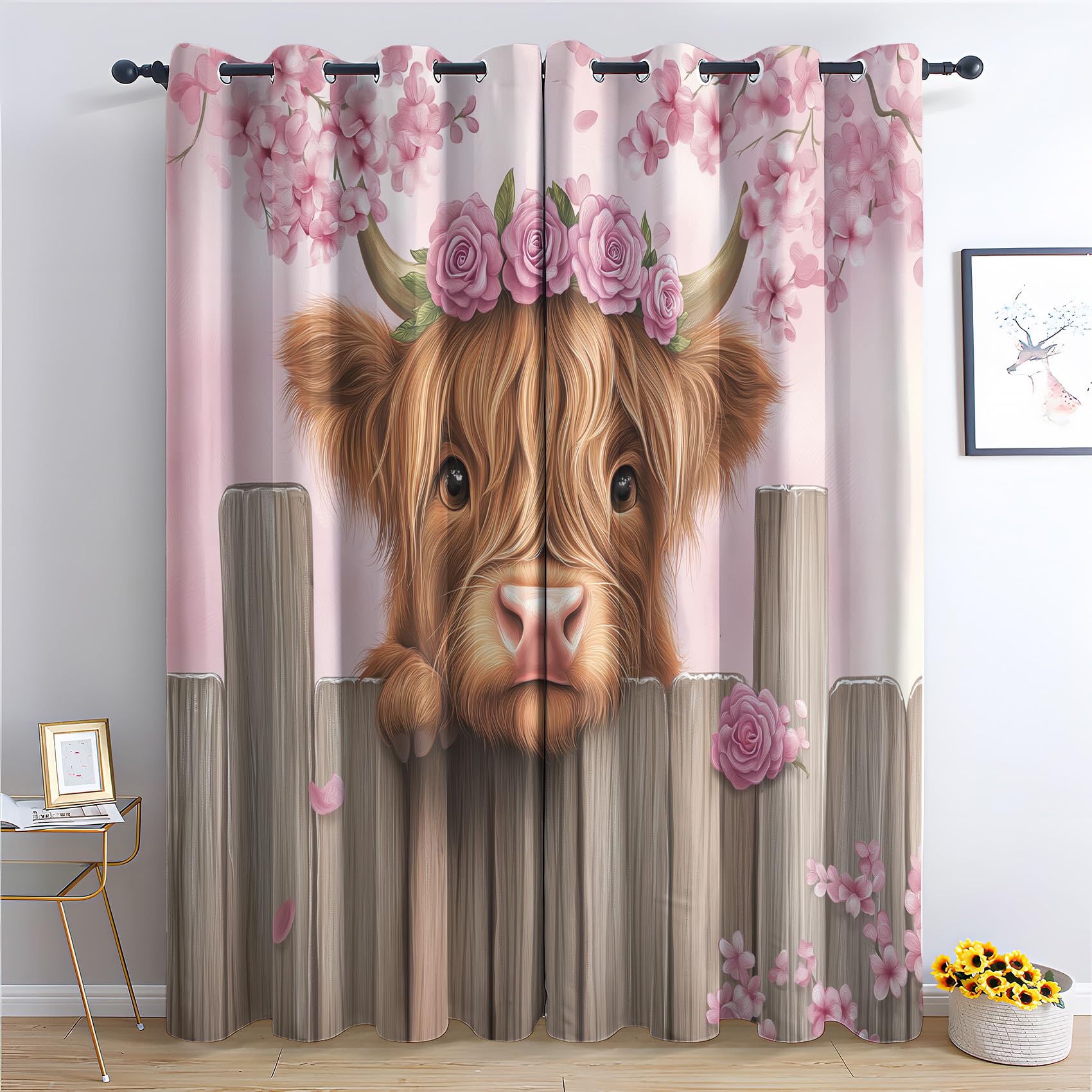 Venivici Highland Cow Blackout Curtains for Bedroom Living Room - 90 Inch Drop Curtains Eyelet, Kids Cute Farm Animal Patterned Window Treatments, Thermal Insulated Drapes 46x90 2 Panels