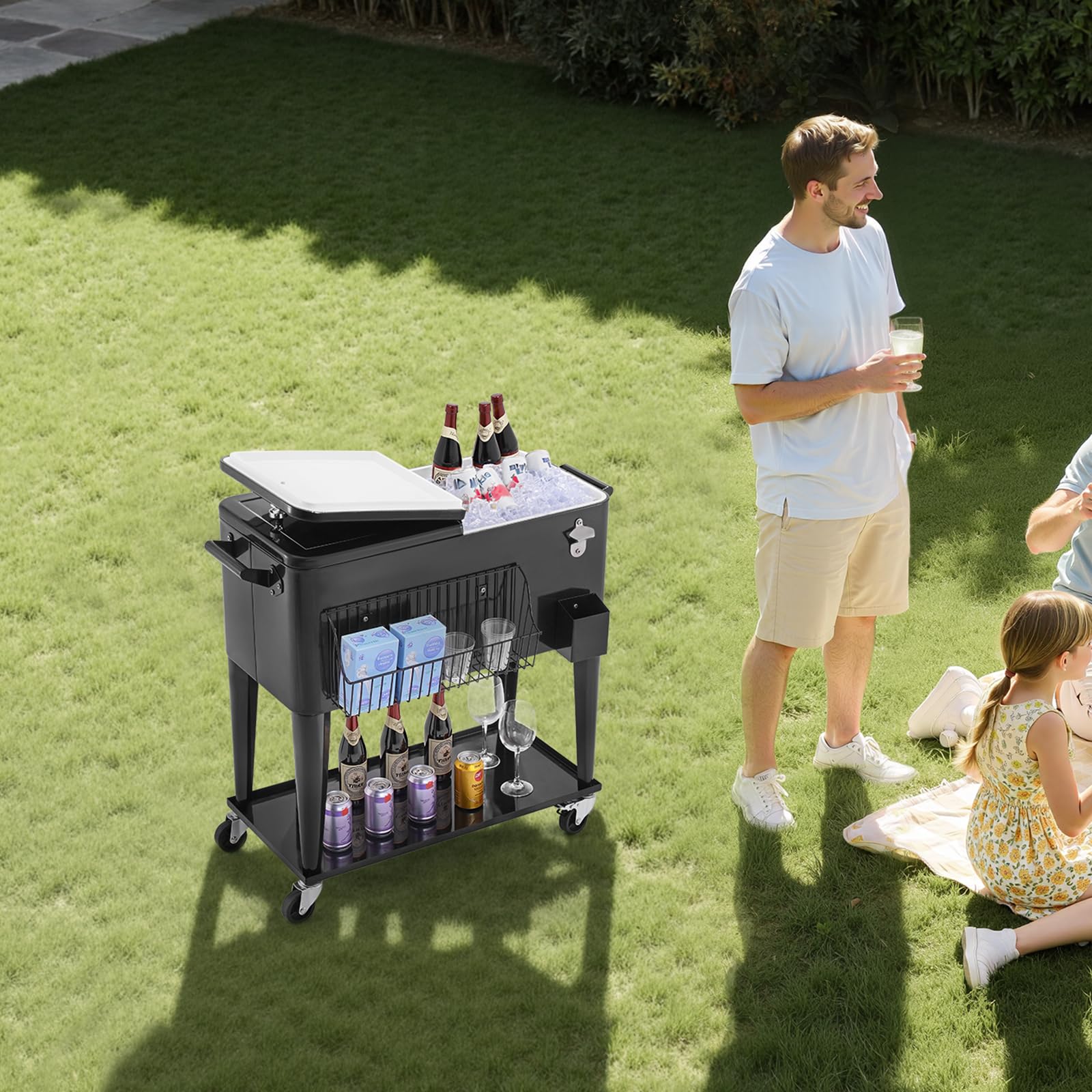 VEVOR Glacière à roulettes Isotherme Contenance de 75,71 L 50 Bouteilles/110 Canettes, Chariot Bar Extérieur avec Étagère Inférieure, Panier Latéral et Décapsuleur, pour Boissons Fraîches, Noir